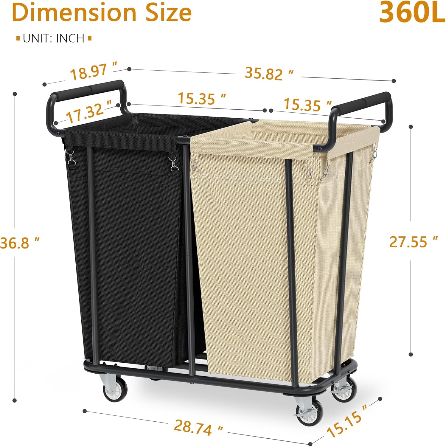 Gewudraw Large Laundry Hamper with Wheels, 2 Bag 360L Big Rolling Laundry Basket Sorter Cart, Extra Large Clothes Hamper, Heavy Duty Laundry Basket Organizer for Laundry Room, Bathroom