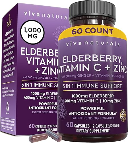 Viva Naturals Sambucus Saúco con zinc y vitamina C para adultos, vitamina D 5000 UI y jengibre, suplemento de apoyo inmunológico, 60 unidades,