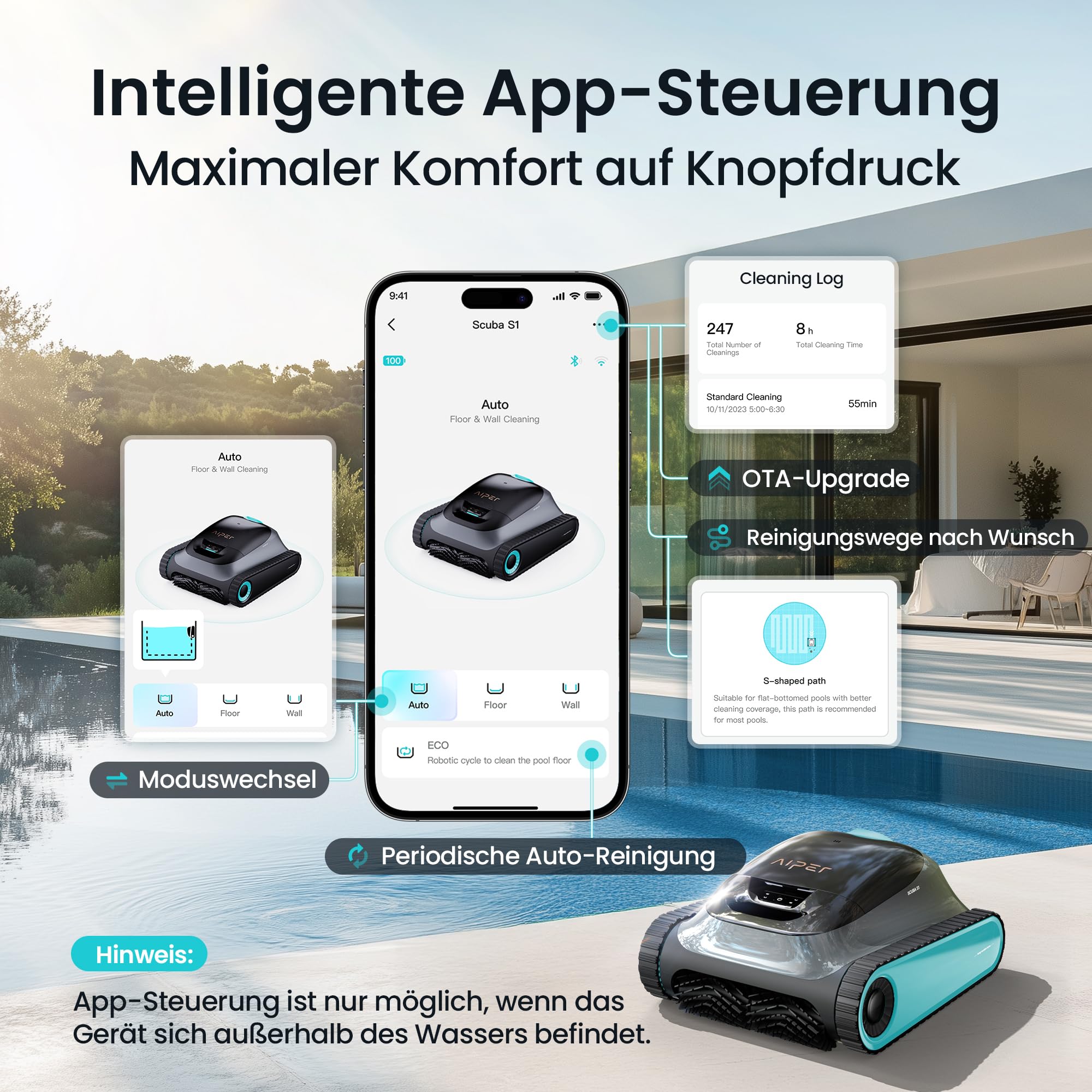 (2026 Upgrade) AIPER Scuba S1 Robot Piscine Nettoyage Sol, Parois & Ligne d’Eau, Autonomie de 270 Min, Filtration Ultra-Fine, Navigation Intelligente, Application & Mises à Jour OTA, Bleu