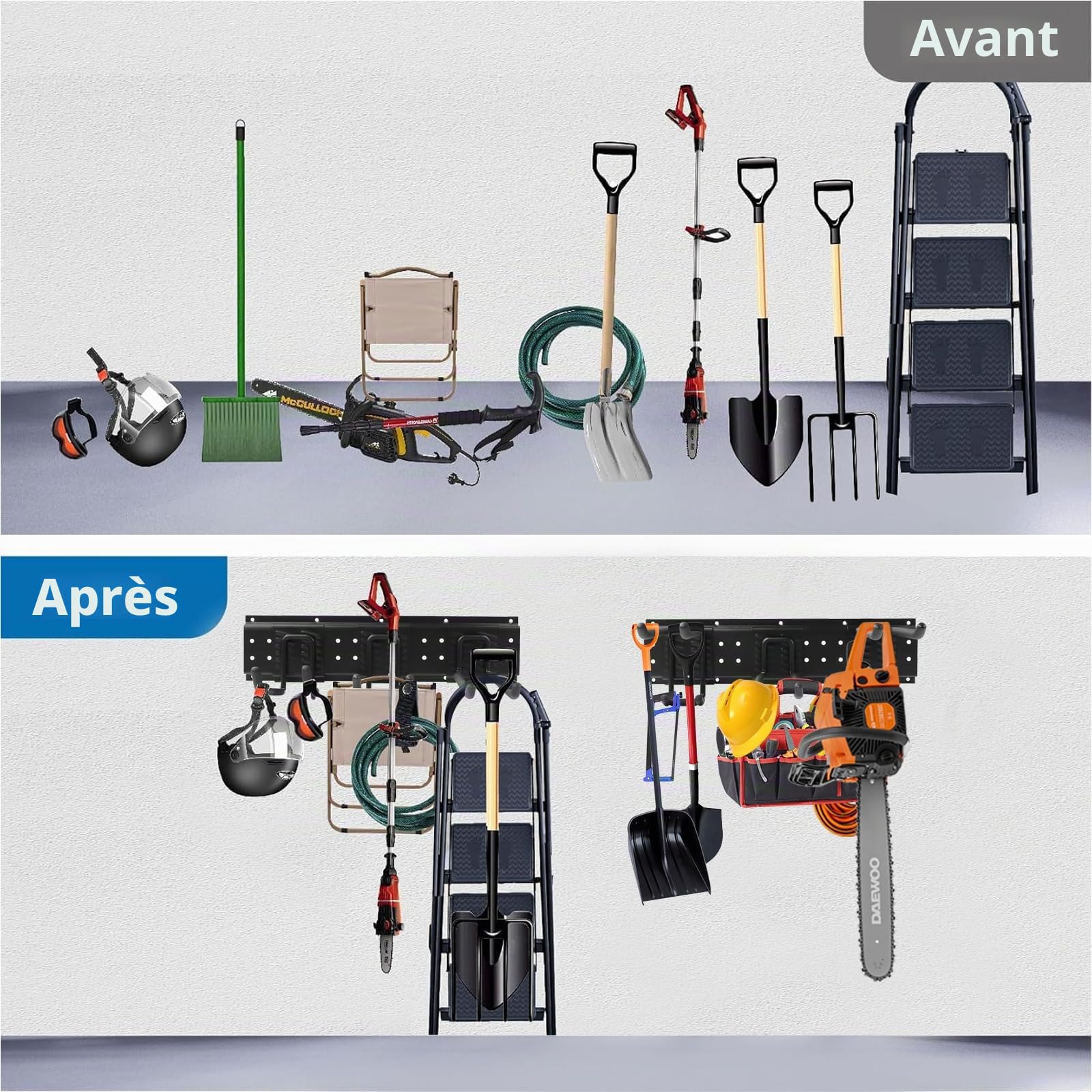 Support Mural pour Outils de Jardin 122 cm, Support Métal Lourd pour Garage, 3 Panneaux Réglables + 10 Crochets en Acier pour Pelles, Chaises, Échelles et Outils de Jardin,Noir