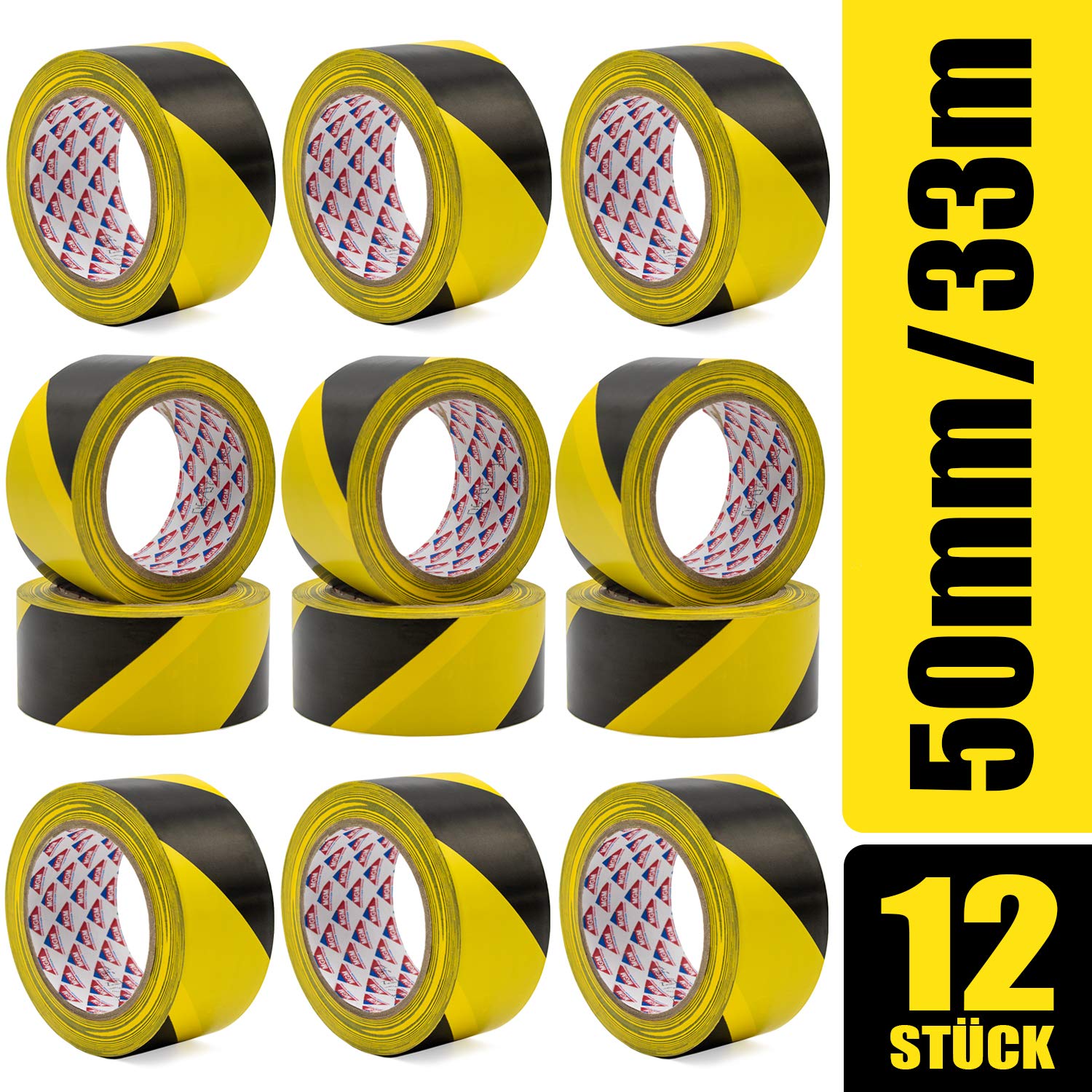 Hermax 12 Warnband Rollen - 50mm x 33m PVC Klebeband Schwarz-Gelb - Absperrband Sicherheitsmarkierung