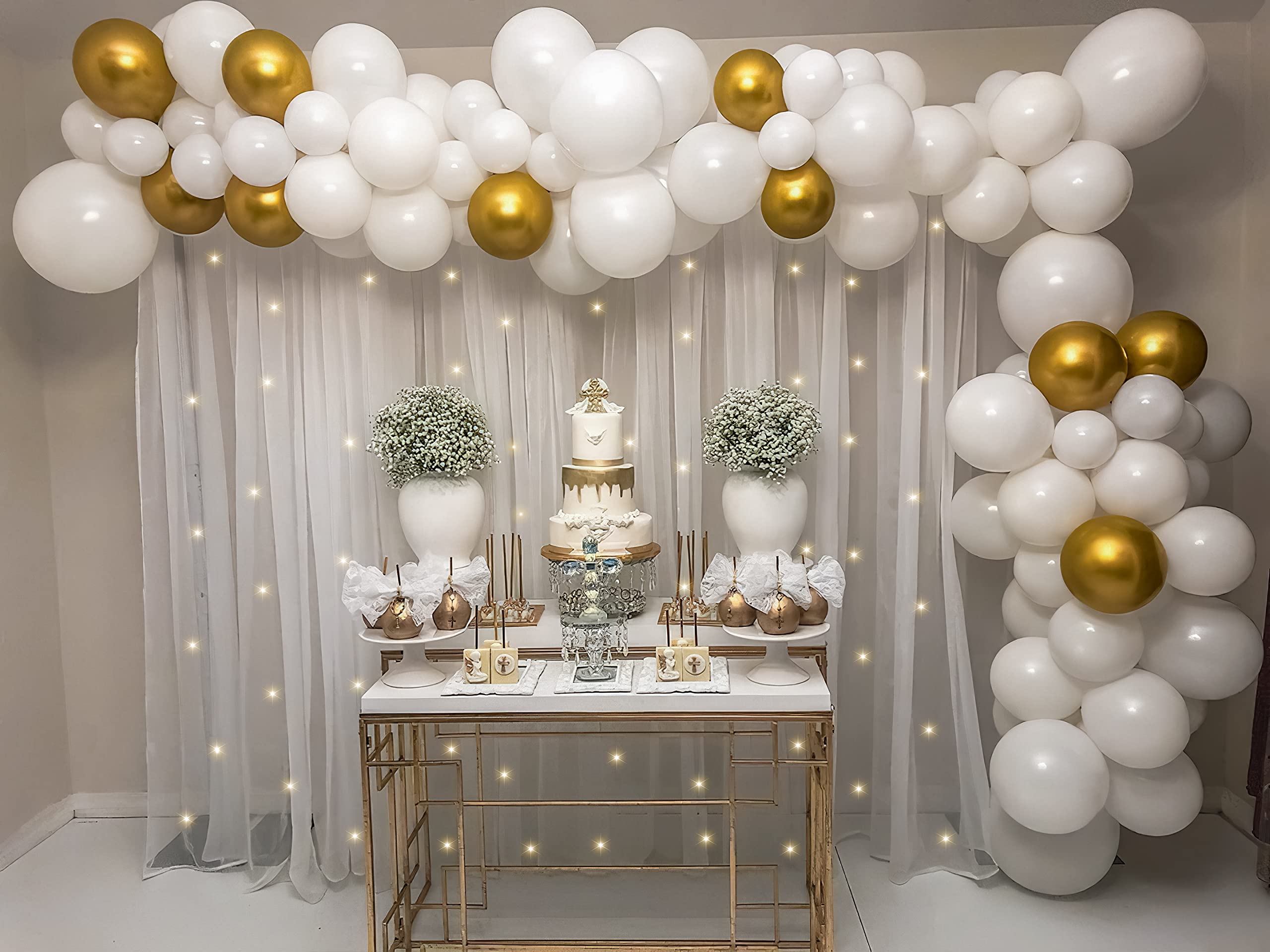 SpecialYou.in Baptism Decorations Items For Boy Girl With Net Sheer Curtain With LED Light And White, Golden Chrome Balloons For Party, Anniversary Decoration,Christmas Decor- 68 Pcs-image-23