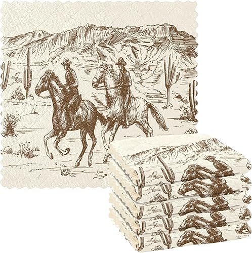 Juego de 6 paños de cocina con diseño retro americano de caballo del desierto del salvaje oeste americano dibujado a mano con vaquero, paños de