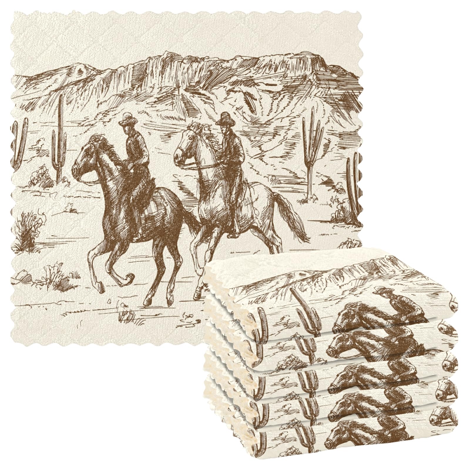 Poeticcity Brown Hand Drawn Retro American Wild West Desert Horse With Cowboy 6 Set Kitchen Dish Towels, Washcloths Cleaning Cloths Dish Cloths, Absorbent Towels Lint Free Bar Tea Soft Waffle Towel 11"X11"