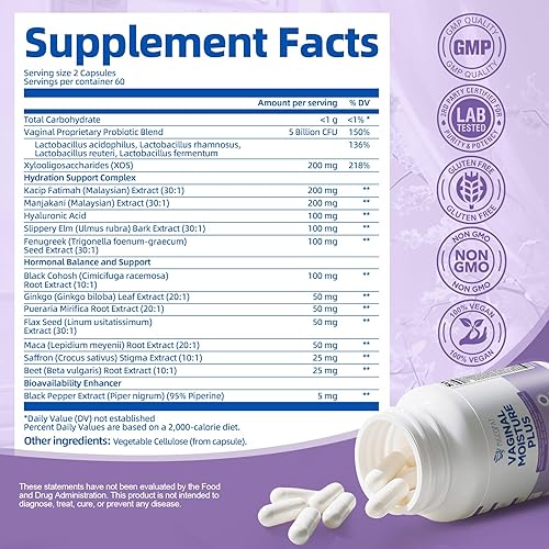 Miniatura 5 de Probióticos vaginales para mujeres, cápsulas de humedad vaginal, cápsulas a base de plantas con olmo resbaladizo, fenogreco y fatiga kacip, apoyan