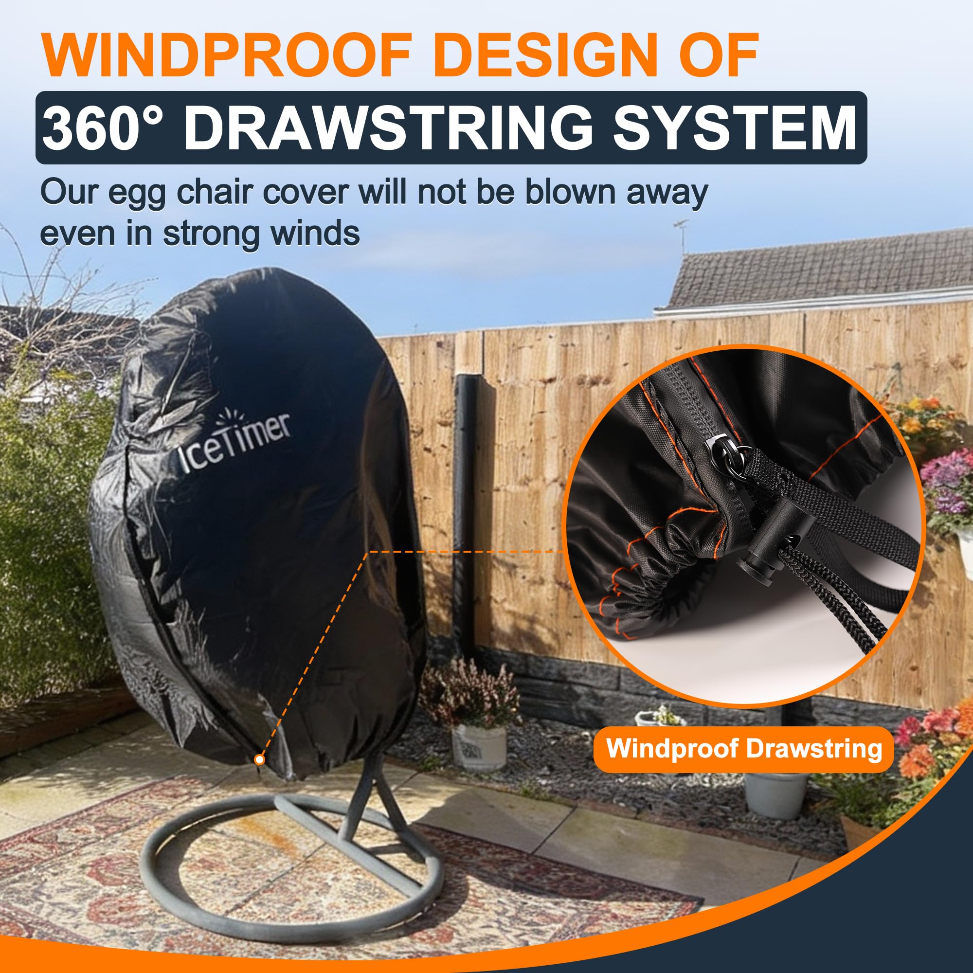 Upgraded Egg Chair Cover - Waterproof, Windproof, Heavy Duty Large Patio Hanging Swing Seat Cover With Zipper, 190x115cm, Black — view 4