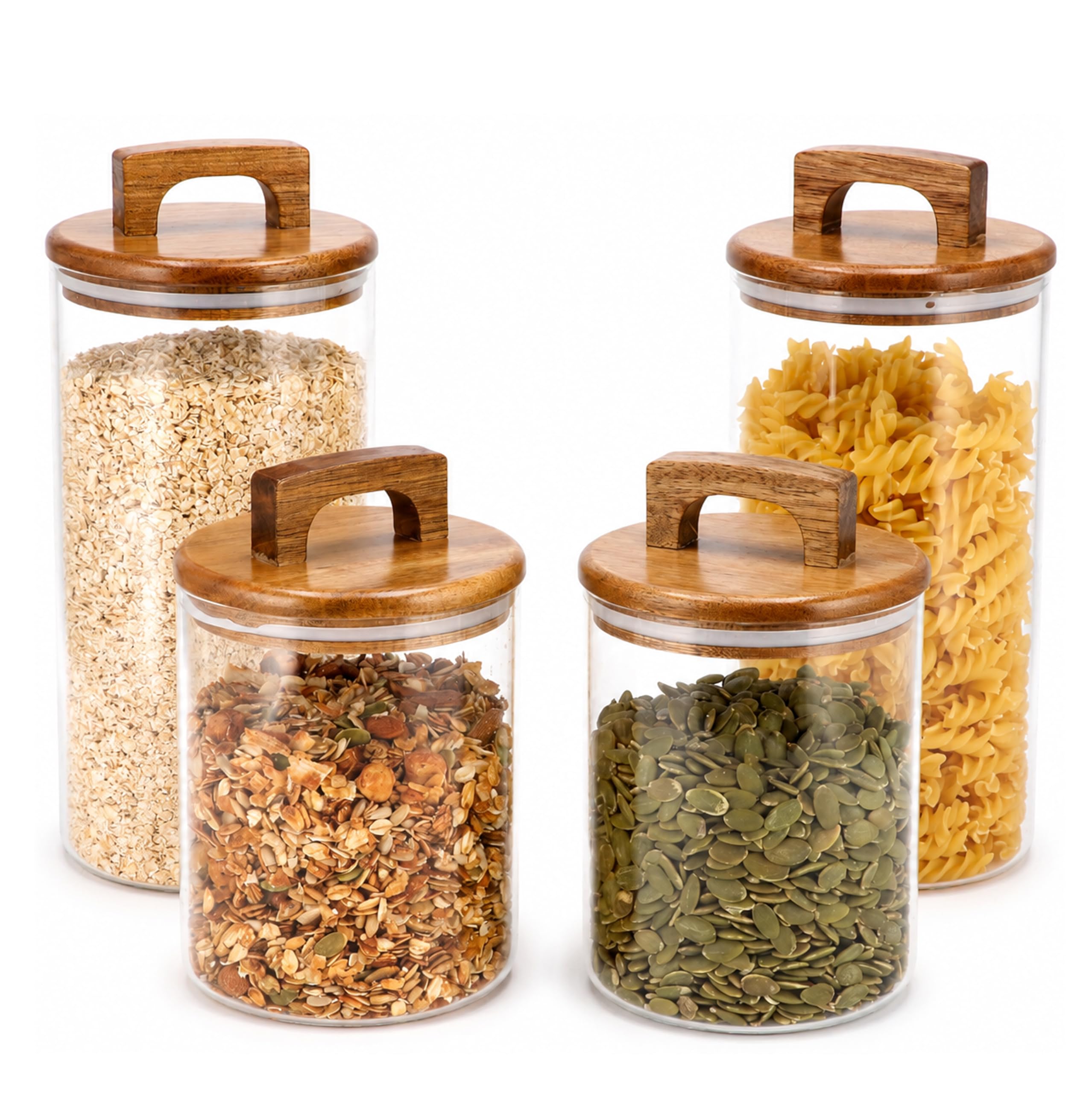 Barattoli vetro con coperchio in acacia – Set da 4 contenitori ermetici per alimenti 1000 ml & 1600 ml – Barattoli cucina per pasta, caffè, riso e dispensa cucina