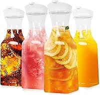 ZWYSLFCY Set of 4 1L Plastic Carafes with Airtight Lids - Square Base Mimosa Bar Juice Containers, Fridge-Safe Milk & Beverage Bottles - Hand Wash Only