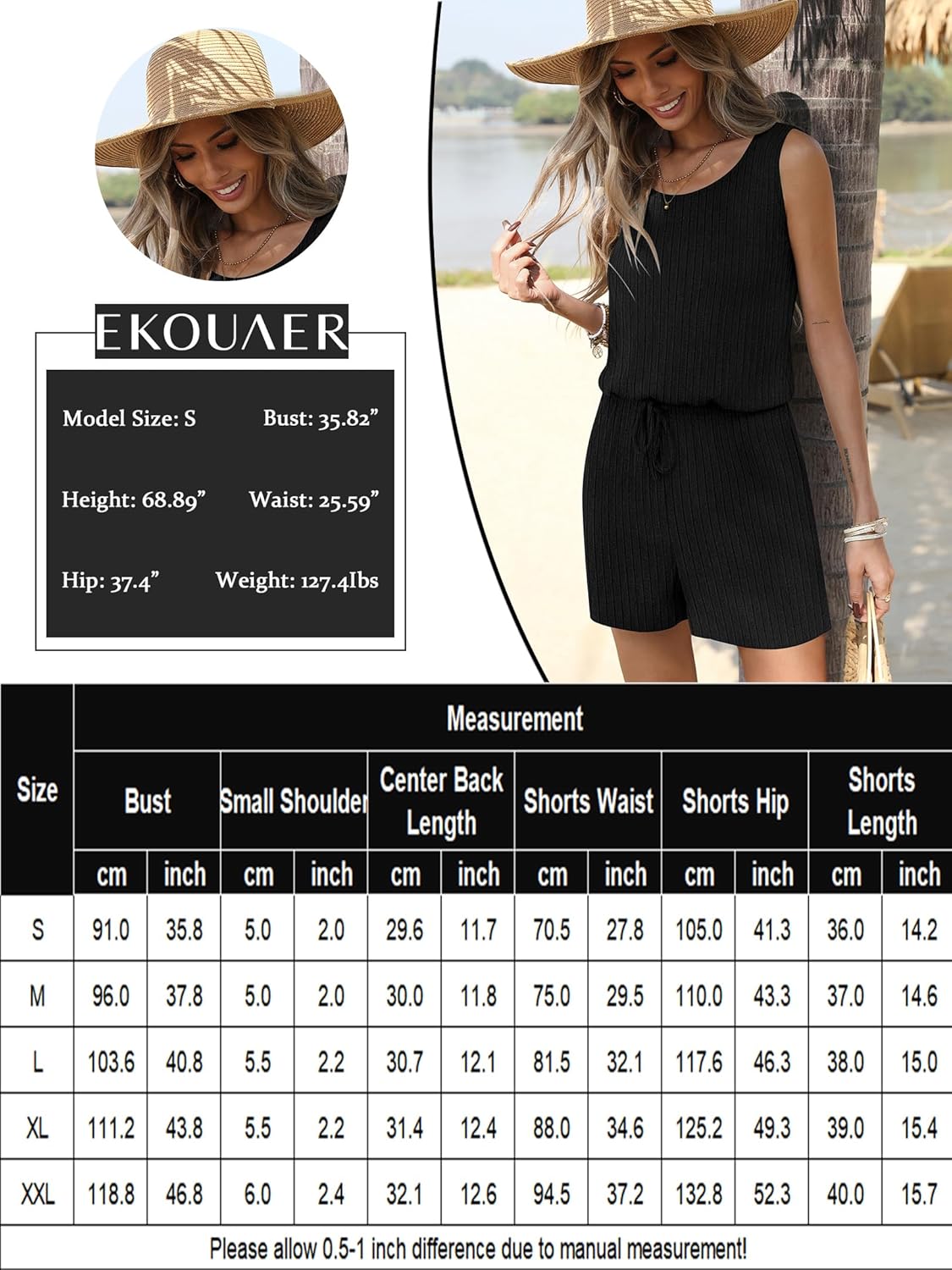 Ekouaer Rompers for Women Summer 2026 Casual Sleeveless Scoop Neck Tank Top Ribbed Short Jumpsuits Romper with Pockets - Image 6