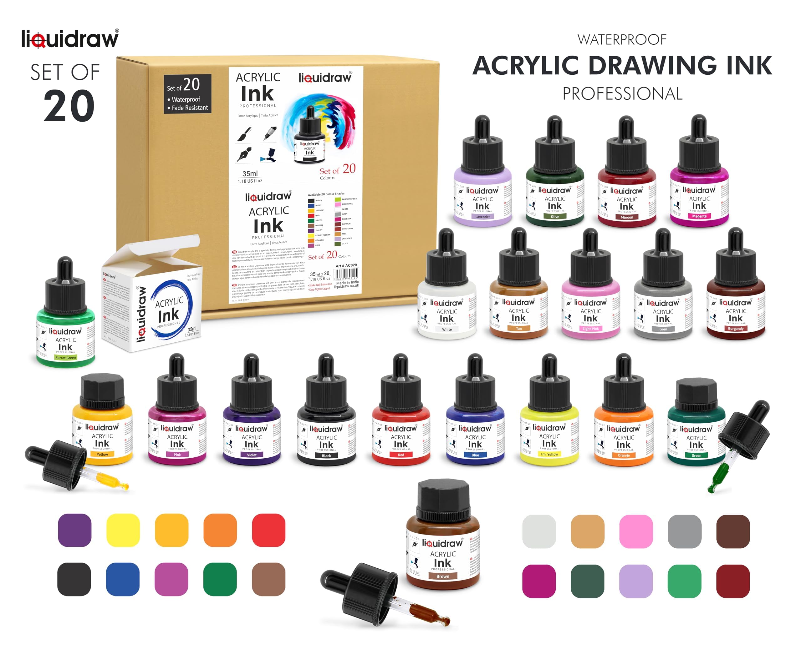 Liquidraw Acryl Zeichentinte - 20 verschiedene Farben | 35 ml Flaschen mit Tintentropfer | geeignet für Malen, Kunstzeichnen & Design | für Profis, Künstler, Studenten & Hobbyisten | wasserfest
