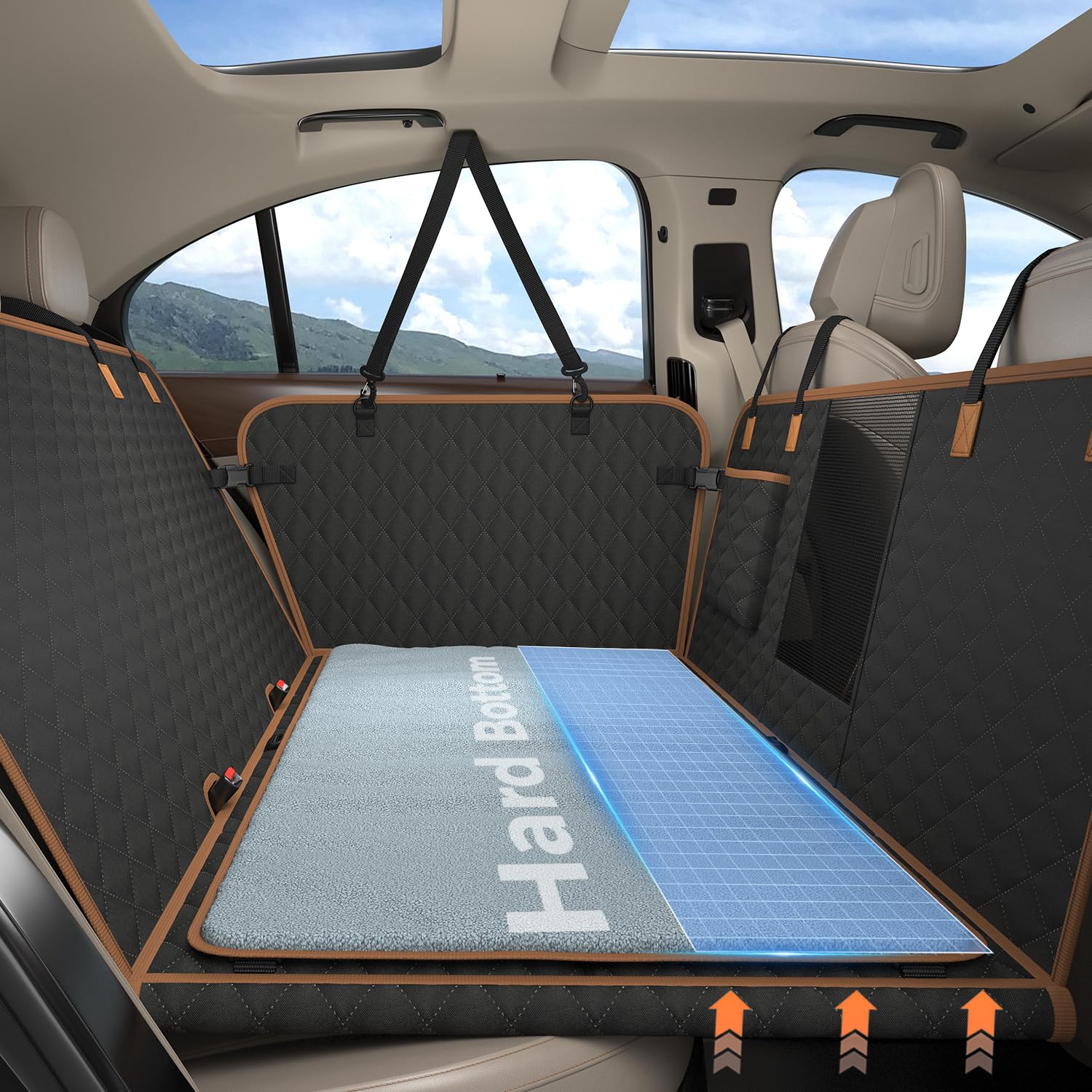 MyeMdan Coprisedile Auto per Cani e una Morbida Coperta, Impermeabile, Antigraffio, con 8 Robuste Tavole in Legno Duro Per la Maggior Parte Delle Auto, SUV, Nero