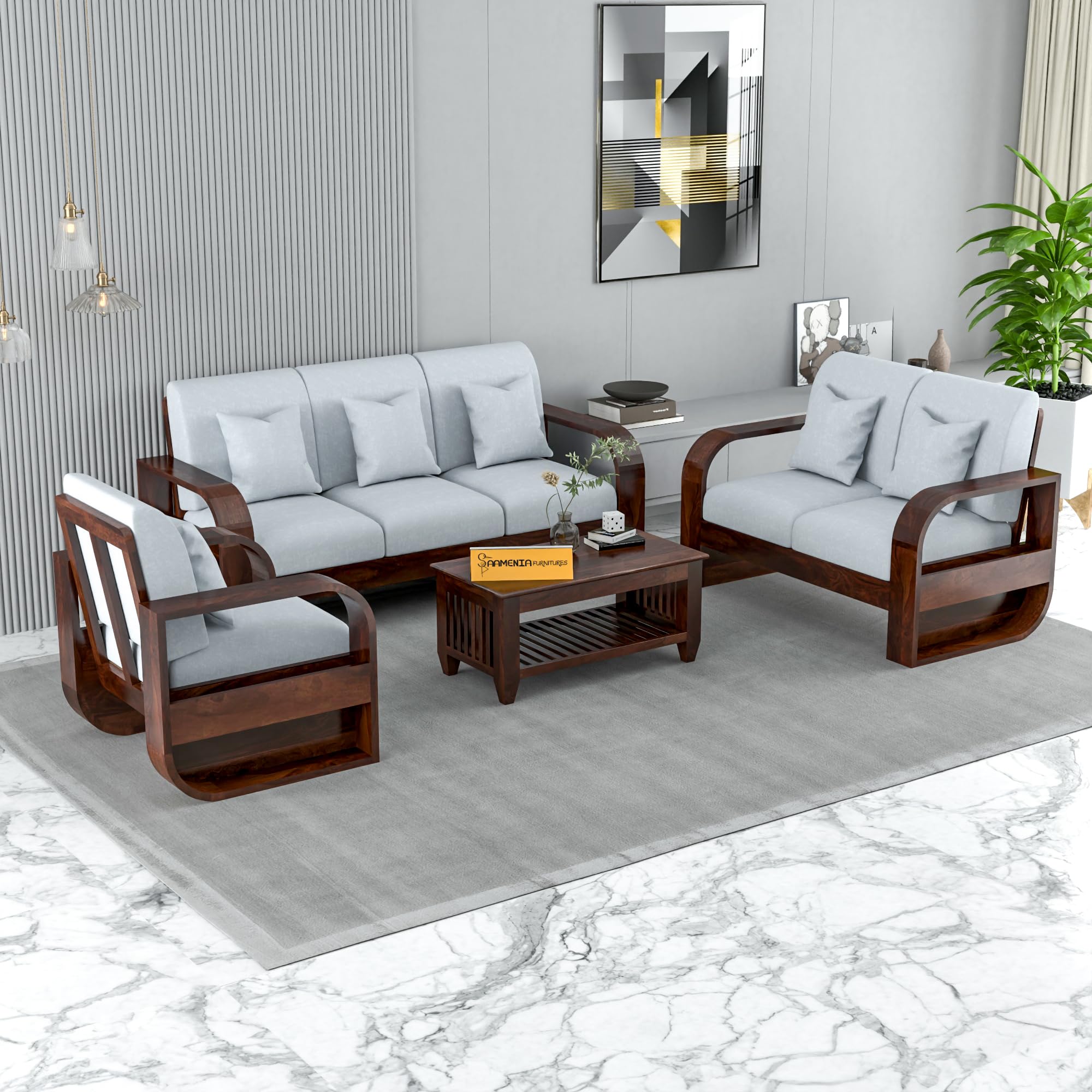 Solid Sheesham Wooden 6 Seater Sofa Set Without Coffee Table with Grey Cushion for Living Room Furniture - Walnut Finish (3+2+1)-image-34