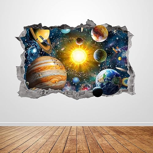 Vinilo decorativo para pared del sistema solar, diseño 3D destrozado con planetas del espacio exterior, póster mural para habitación de los niños,