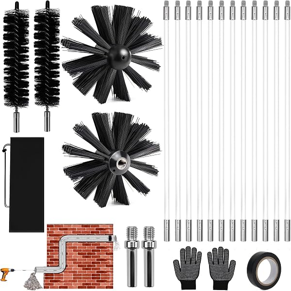 Zestaw 22 szt. szczotek kominkowych (4,9 m, ø 150 mm), nylonowa szczotka do rur kominowych, z elastycznymi drążkami (12 x 410 mm), wkładka z wiertarkami elektrycznymi, do kominów, rur