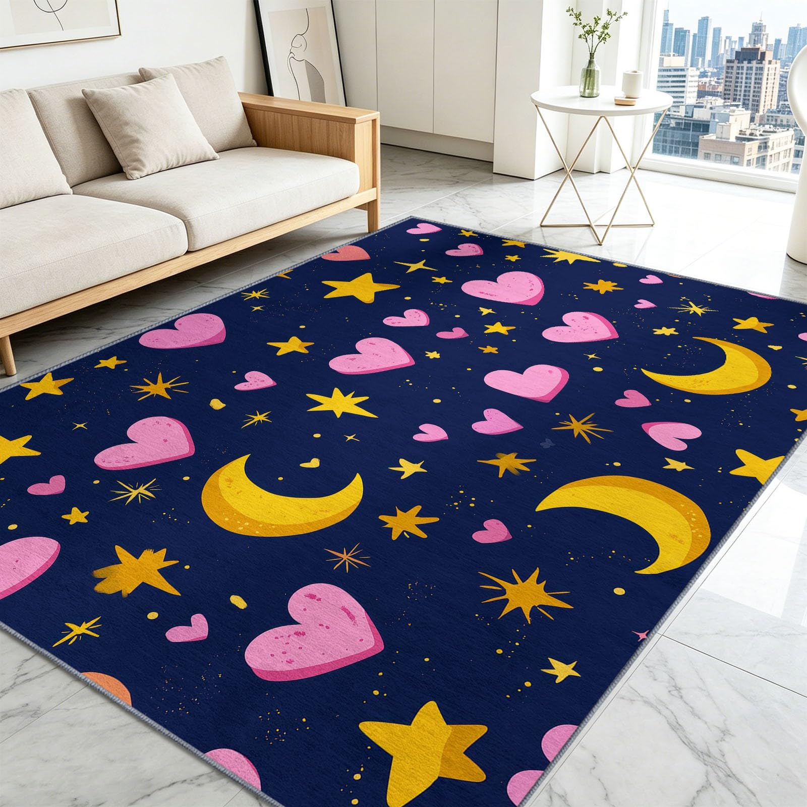 Generisch Teppich Waschbar 80 x 150 cm,Sterne Mond Herz Teppich, Kinderzimmer Gemälde rutschfest Zusammenklappbar Teppiche Gegend für Schlafzimmer Küche, Sternenhimmel