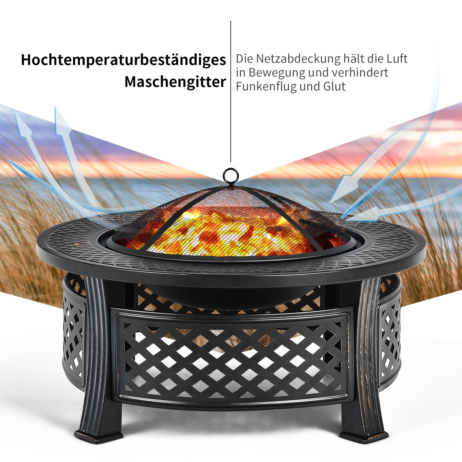 COSTWAY Feuerschale, Feuerstelle mit Grillrost, φ 81cm Feuerkorb mit Funkenschutz, Feuerschale für den Garten, inkl. Schürhaken, für für BBQ, Picknicks & Lagerfeuer