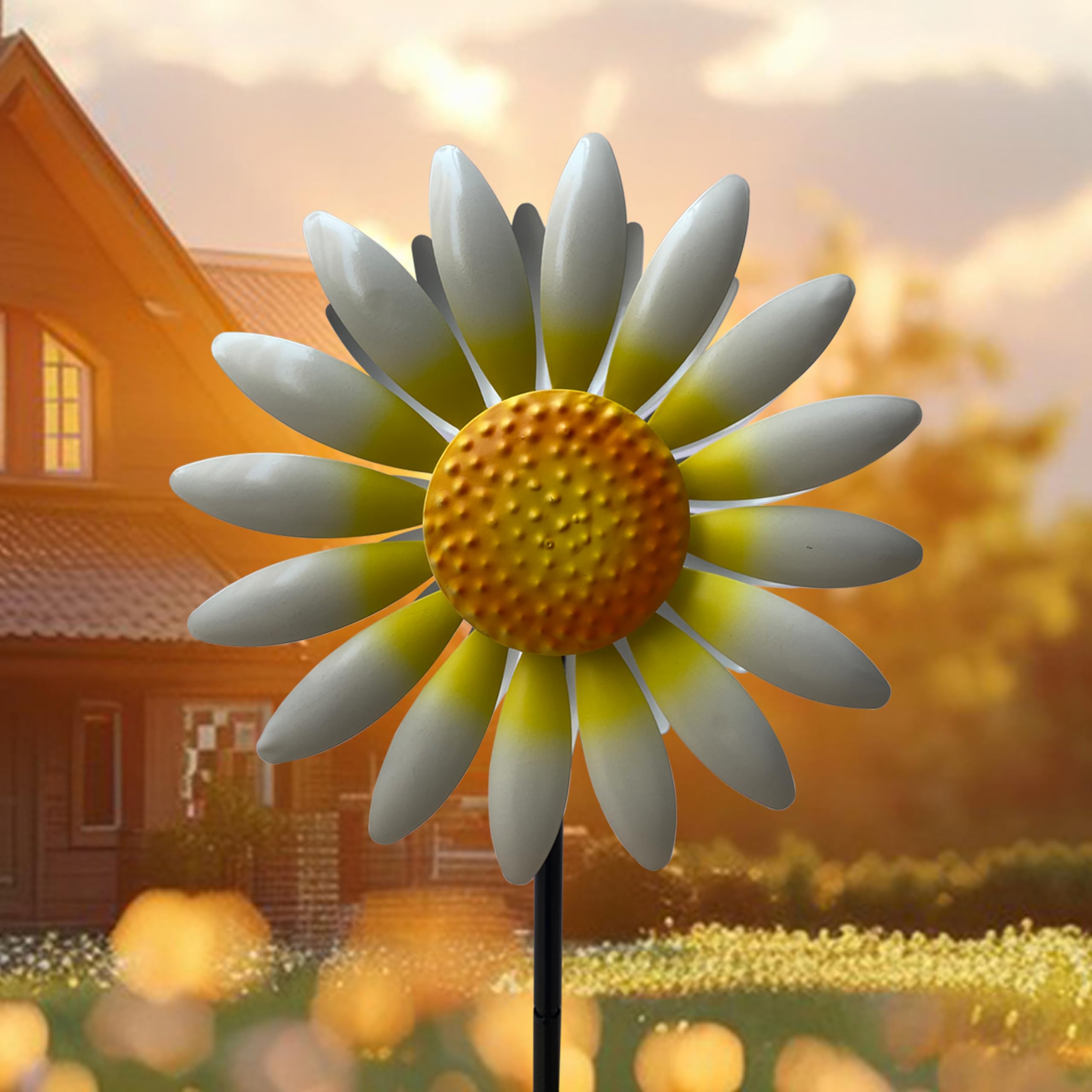WAIU Wind Spinners Outdoor,Double Side Metal Sunflower Wind Spinner Garden Stake with Solar Powered Multi-Color Lights, Garden Art Sculpture Path Lawn Walkway Solar Light Stake