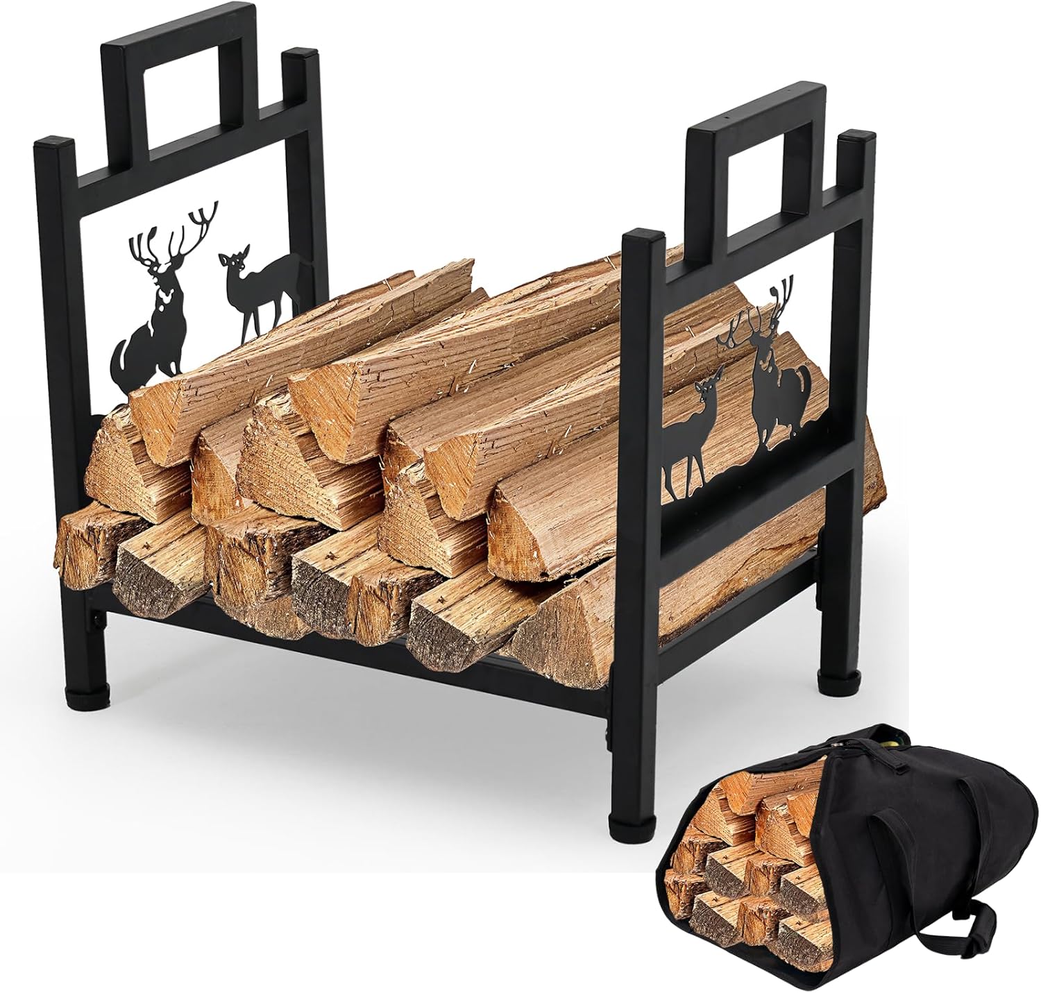Firewood Rack, 17 Inch Firewood Holder with Canvas Log Carrier, Small Log Holder Wood Storage, Decorative Wood Stand for Patio Outdoor Indoor, Black