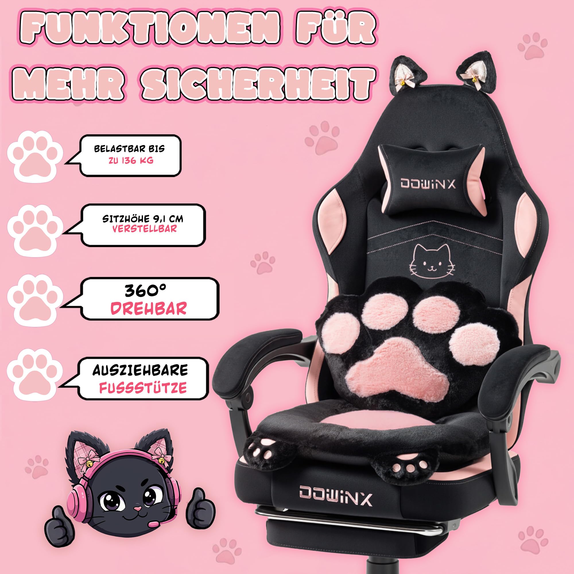 Dowinx Gaming Stuhl Ergonomisch mit Fußstütze, Katzenpfoten Gaming Chair aus Stoff, Flügelloses Sitzdesign, Verstellbarer Gamer Stuhl & PC Stuhl, Gaming Stuhl rosa Katze, für Erwachsene,rosa schwarz