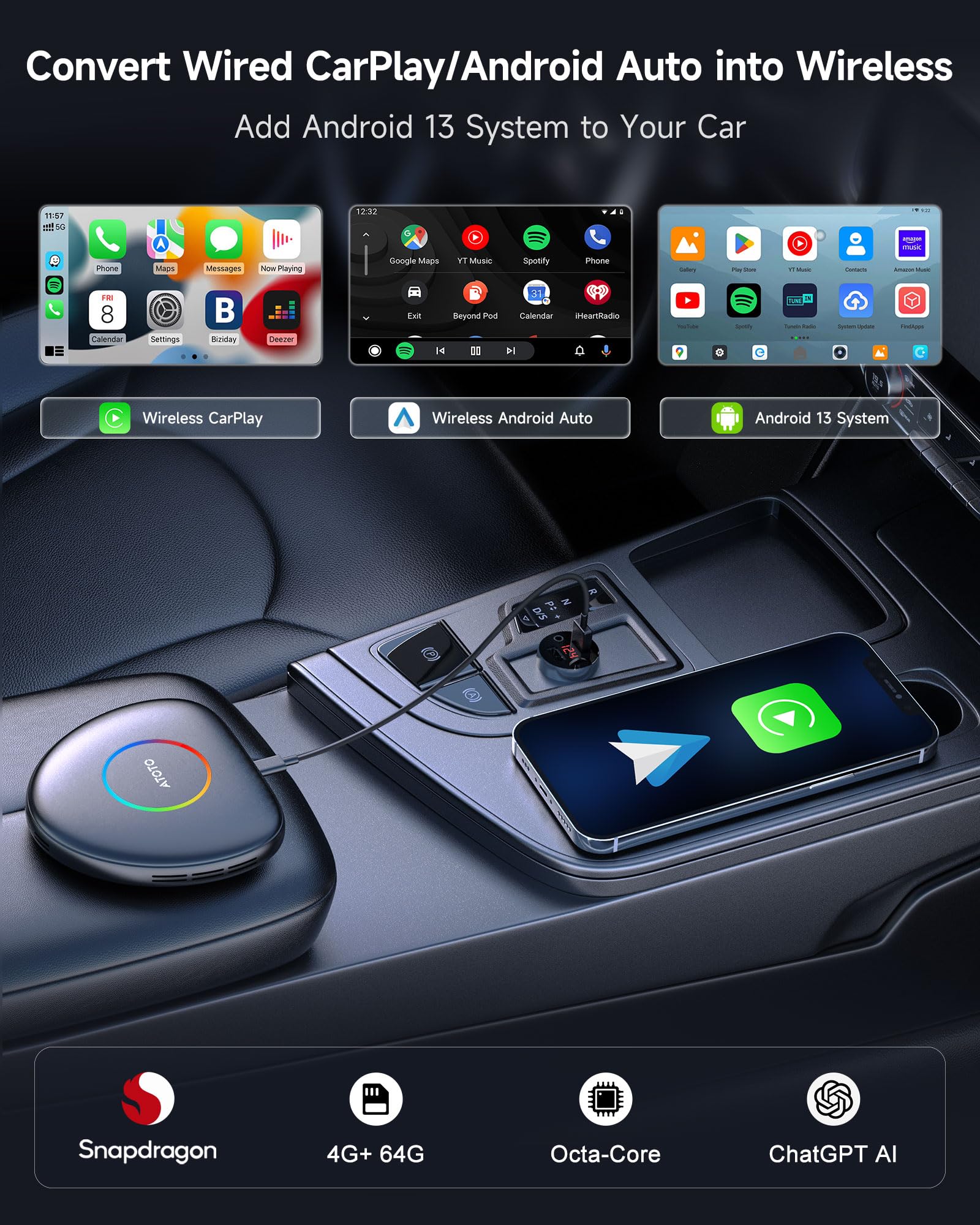 カーナビ ATOTO CarWave Wireless Car Smart Box CB6 ATOTO CB6 CarWave AI Box, Wireless CarPlay Adapter, Android