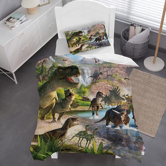 MUSOLEI Dinosaur Bedding Set Kids Realistic Dinosaurs Green Duvet Cover for Kids Boys Teens Bedroom Soft Quilt Cover Microfiber,with Pillowcase(Green, Single)