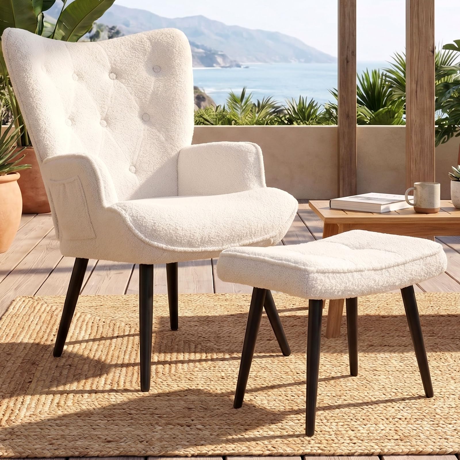 CLEVICH Ohrensessel - Gemütlicher Loungesessel mit Hocker, Lesesesselaus, Teddystoff Armchair für Wohnzimmer & Schlafzimmer - Bis 168kg, Weiß