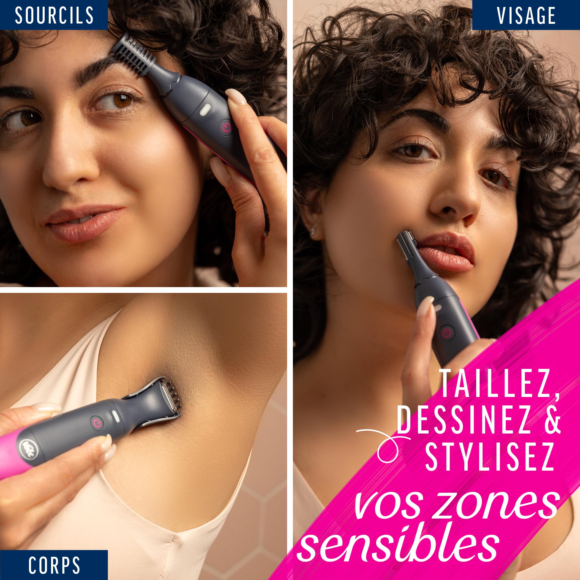Veet Expert Tondeuse Femme Tout-En-Un – Rasoir électrique Multi-Usage pour Maillot, Visage et Sourcils – Chargeur USB – 100% étanche (IP67)