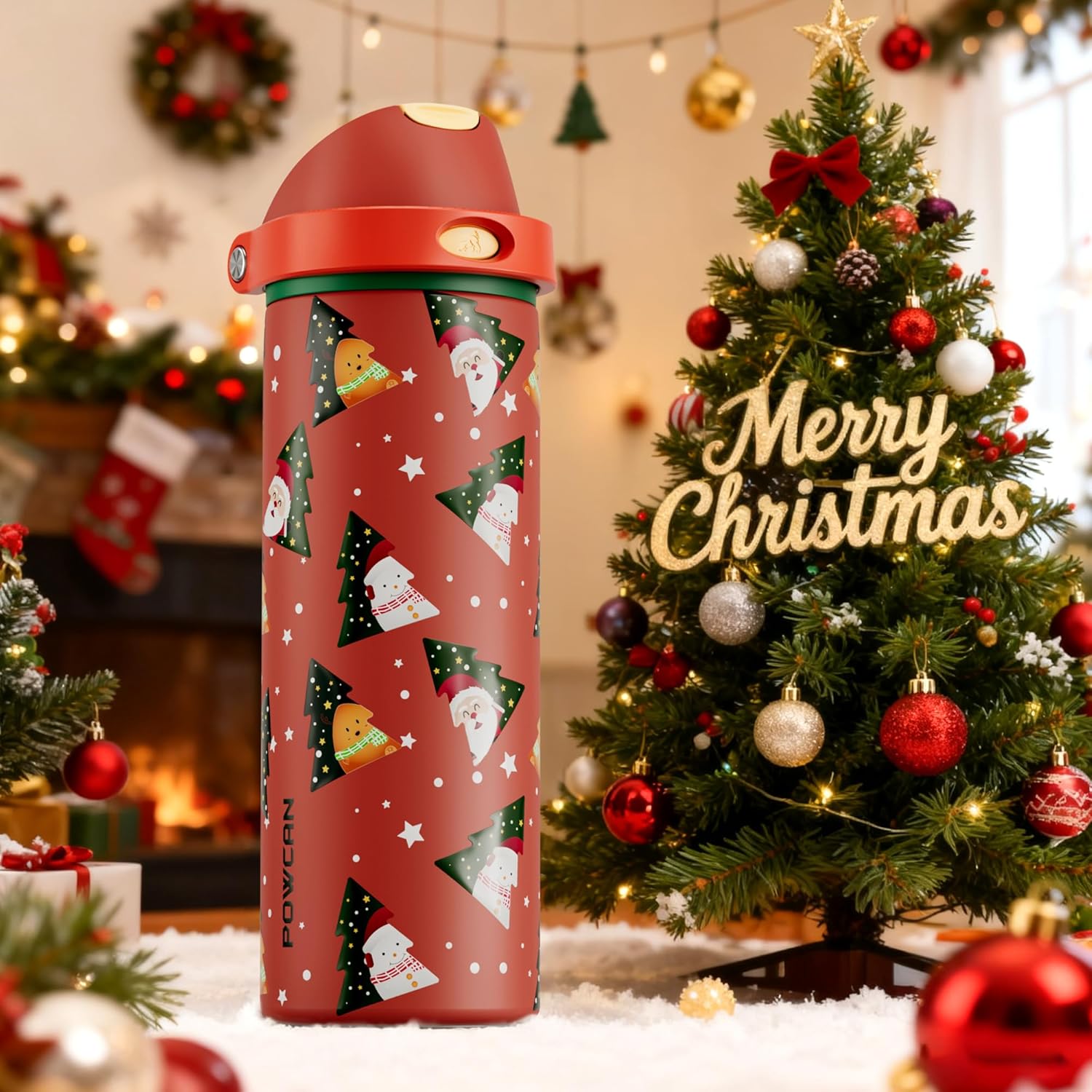 POWCAN 24 oz Christmas Insulated Water Bottle: 2-in-1 Push-Button Spout & Quick-Flip Straw, Leakproof, Car Cupholder Friendly, Stainless Steel Water Bottle for Gift, Sports, Travel (Santa Parade)