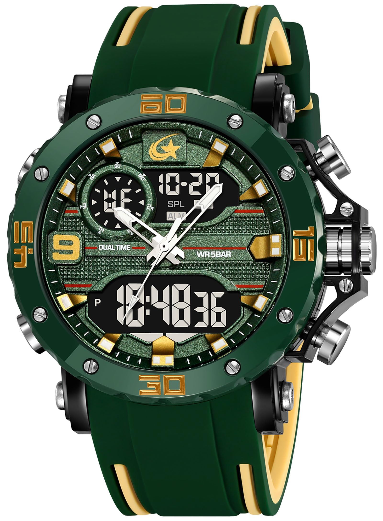 findtime Reloj de hombre militar digital analógico deportivo para exteriores, doble hora, resistente al agua, iluminación LED, esfera grande, reloj con alarma, fecha, 12/24 h, cronómetro, cronómetro