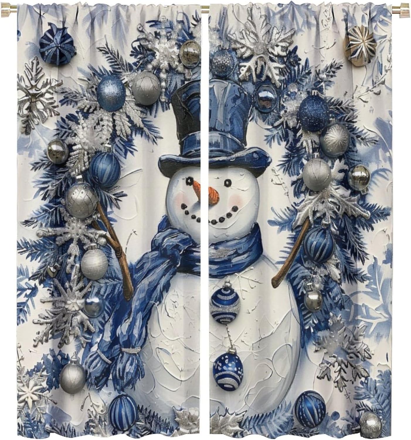 Christmas Snowman Wreath Blackout Curtains, Blue White Snowflakes Curtains Rod Pocket Thermal Insulated Window Drapes for Bedroom/Living Room, 21W x 45L, 2 Panels