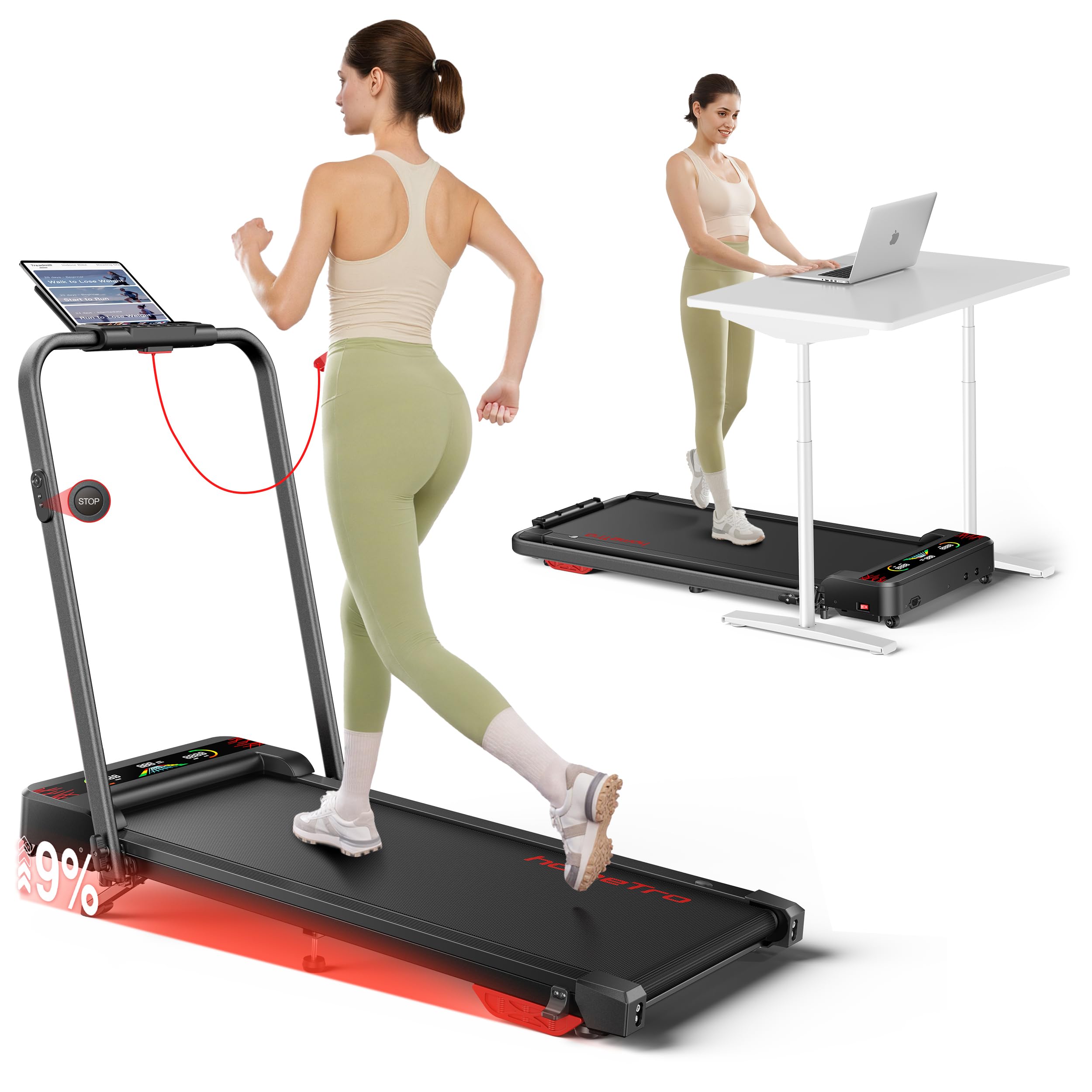 HOMETRO Foldable Treadmill Walking Pad 9% Incline, 2.5HP Compact Treadmill for Home & Apartment, Portable Folding Treadmill with Handle, App Remote Control LED Display