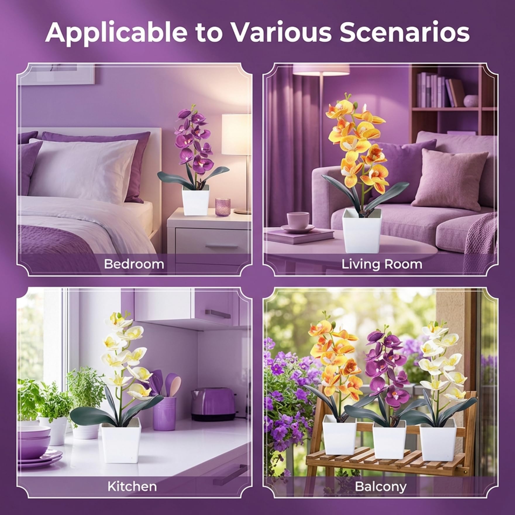 Confezione da 3 Orchidee Artificiali in Vaso di Ceramica, pianta di Orchidea Finta con 8 steli, Fiori di Seta realistici per Decorazioni di casa e Ufficio, Viola, Bianco e Arancione.