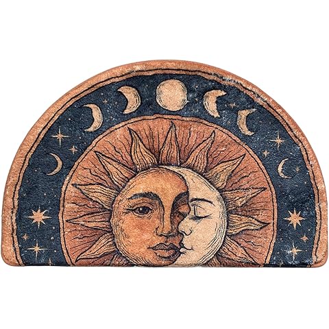Semi Round Boho Bathmat Sun and Moon Fun Bath Mat Non Slip Washable Bathroom Decor Half Circle Bohemian Home Floor Doormat Semicircle Indoor Rug (Yellow, Short Pile)