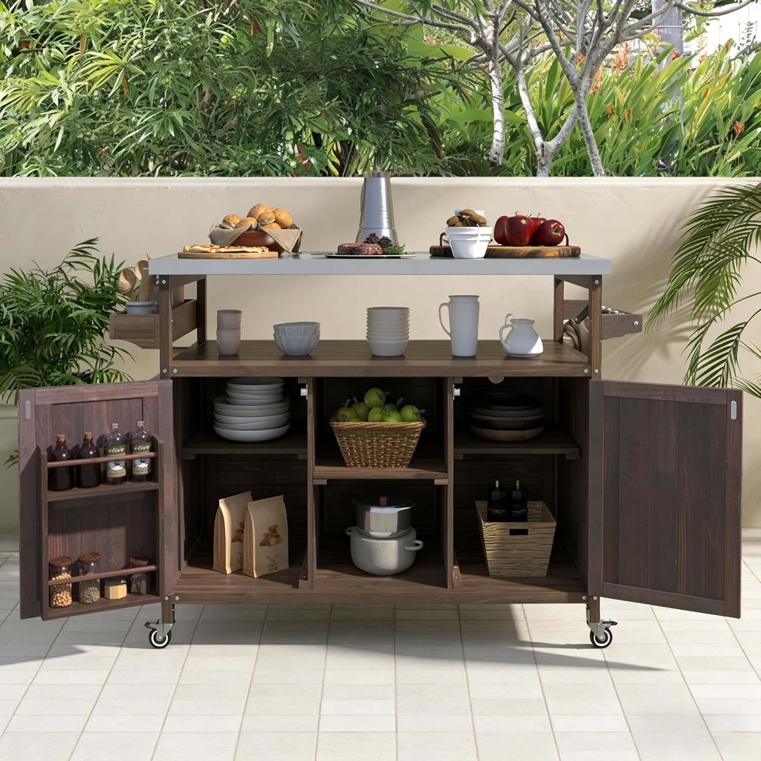 Bellemave Outdoor Kitchen Island with Stainless Steel Top, Rolling Bar Cart & Storage Cabinet, Outdoor Grill Cart with Spice & Towel Rack, Rolling Island Table for Kitchen & BBQ, Black