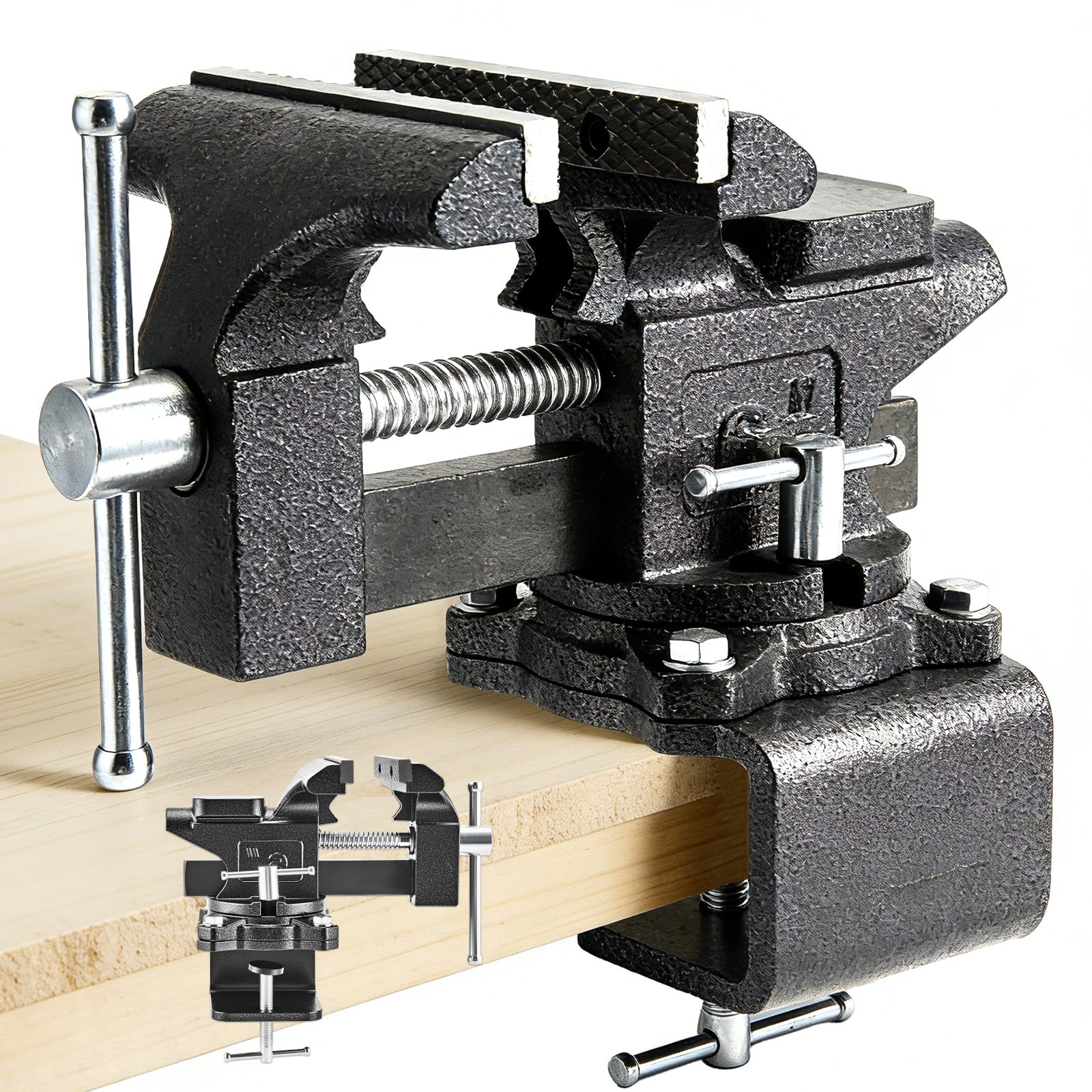 6" Heavy Duty Bench Vice, 60,000 PSI Forged Steel Vices for Workbench, 270° Swivel Table Vice with Dual Pipe & Flat Jaws, Bolt-on/Clamp-on for Workshop & DIY