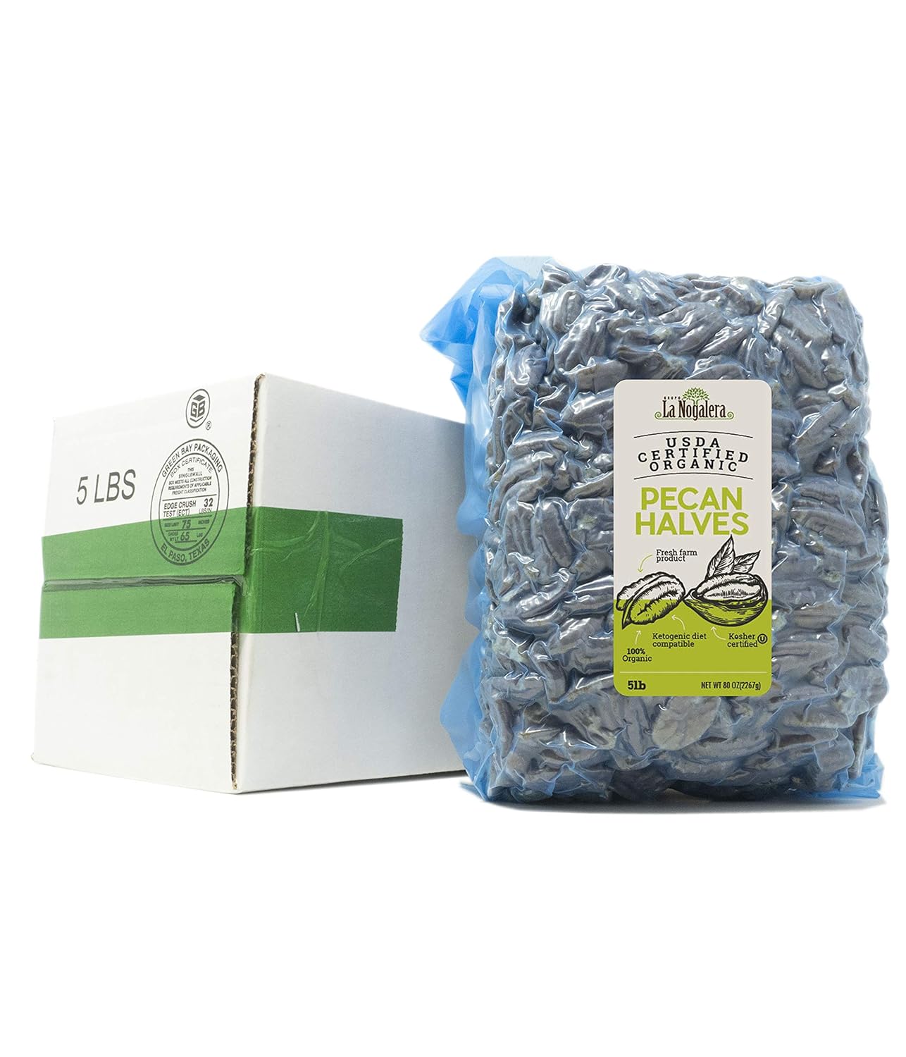La Nogalera Organic Pecans - USDA Certified Organic Halves in 5 lbs vacuum sealed bag. Pecan nut halves, No Shell, Non-GMO, No Preservatives, Unpasteurized, Kosher and Halal and Ketogenic friendly