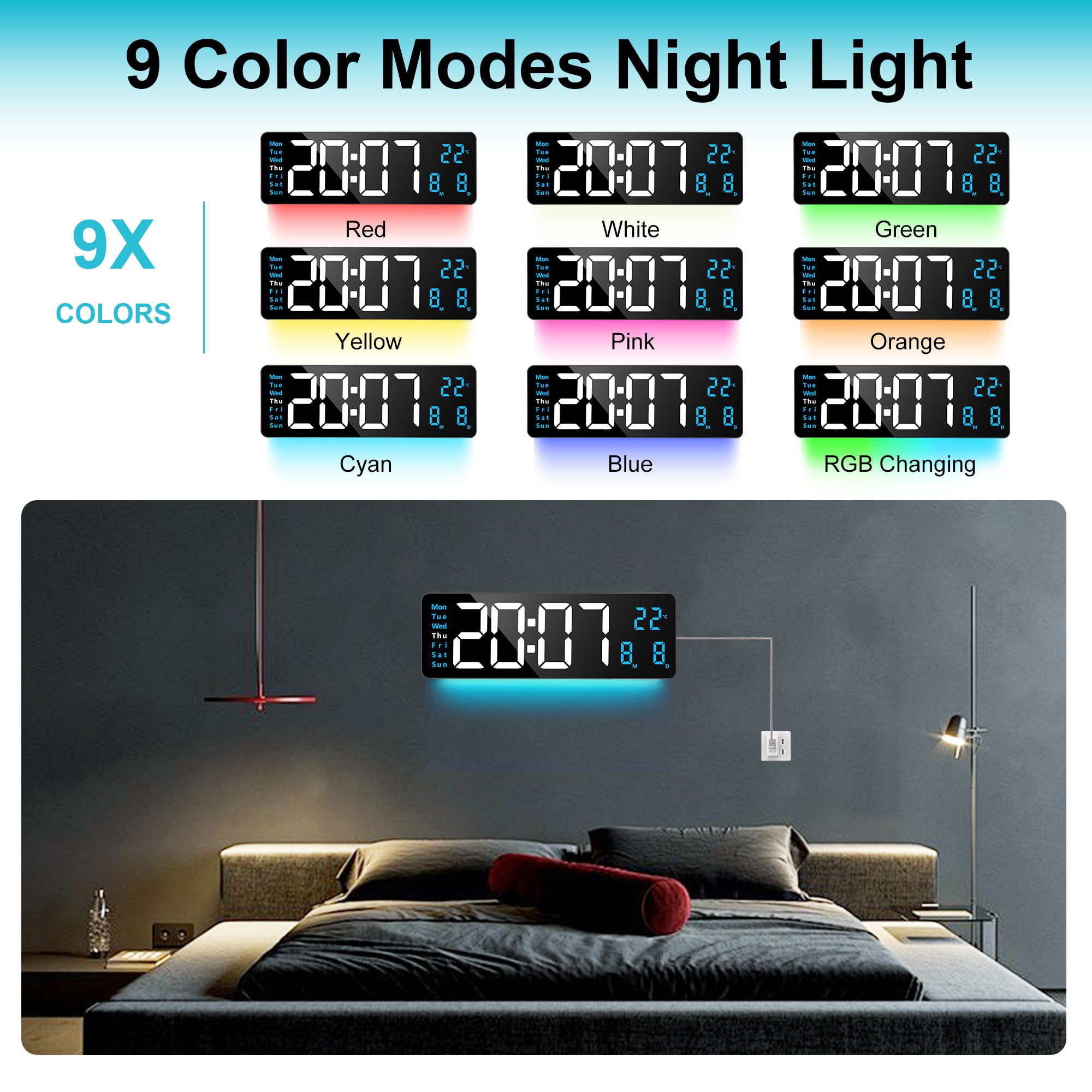 Lafocuse Reloj Digital de Pared 16" LED Azul Grande, con Luz Nocturna de 9 Colores RGB, Mando, Doble Alarma, Brillo Automático, Temperatura, Fecha, 12/24 Horas, Cuenta Atrás, para Salon Cocina Oficina