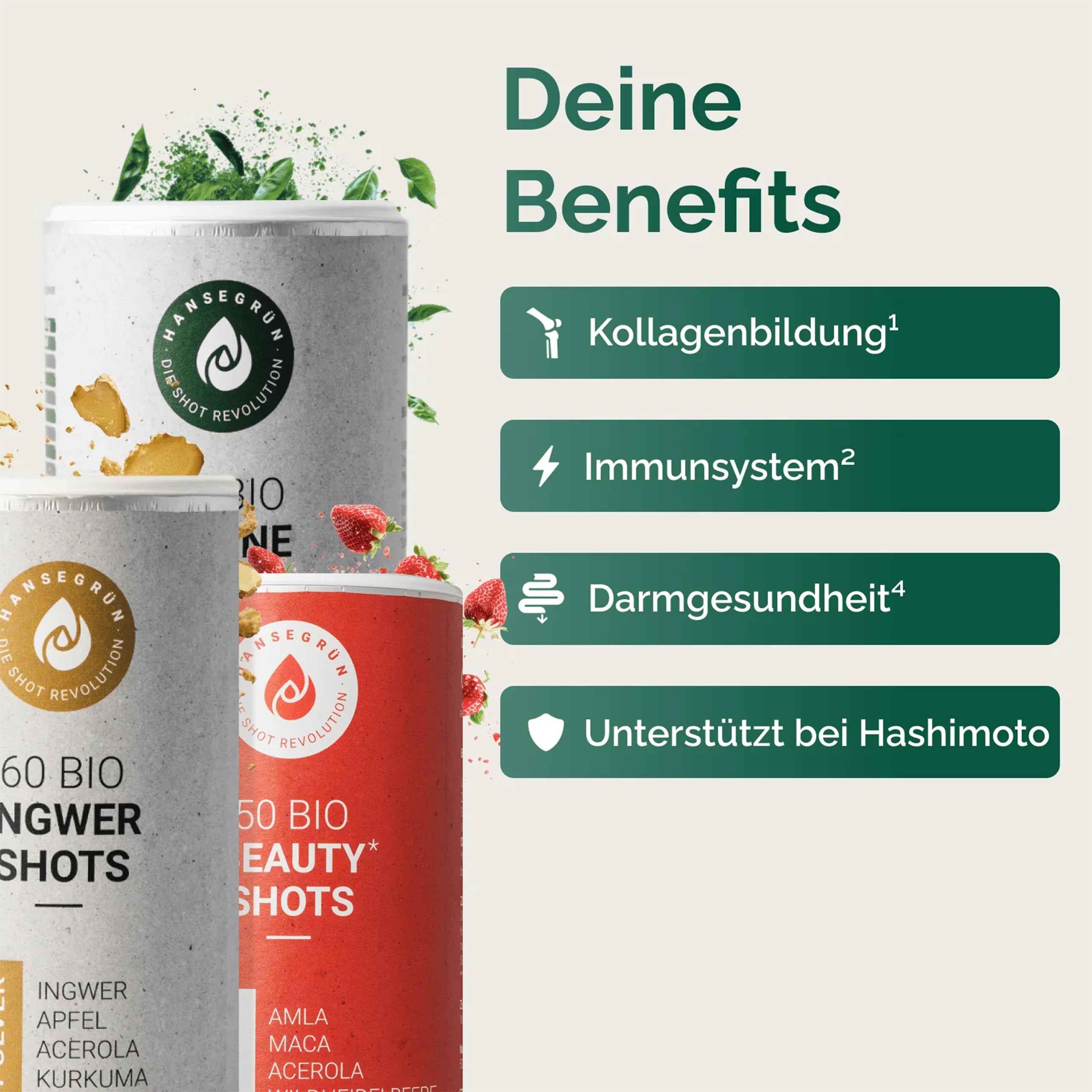 Hansegrün - Frauen Starter-Set - Beauty Shots (50 Stk.), Grüne Shots (50 Stk.) & Ingwer Shots (60 Stk.) - für Frauengesundheit ab 30 Jahren², Darmfunktion⁴ & Immunsystem² - zur täglichen Zubereitung