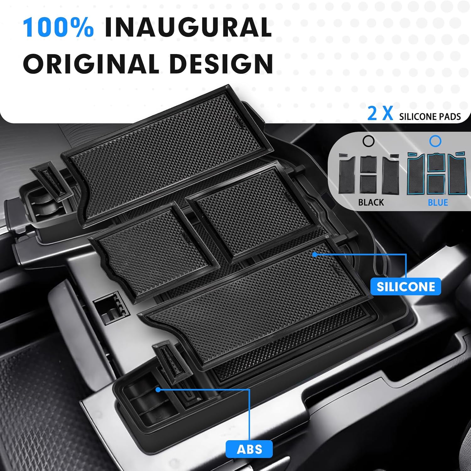 Autorder Center Console Organizer for 2019-2025 2026 Dodge RAM 1500 2500 3500 Accessories Armrest Storage Box Secondary Insert Tray with Black&Blue Silicone Mats (Full Console w/Bucket Seats ONLY)