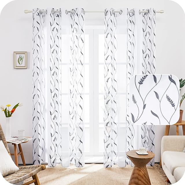 Amazon Brand - Umi Embroidered Wheat Pattern Sheer Curtains Eyelets Linen Effect Voile Curtains Super Soft Net Curtains for Living Room 55 x 54 Grey Two Panels