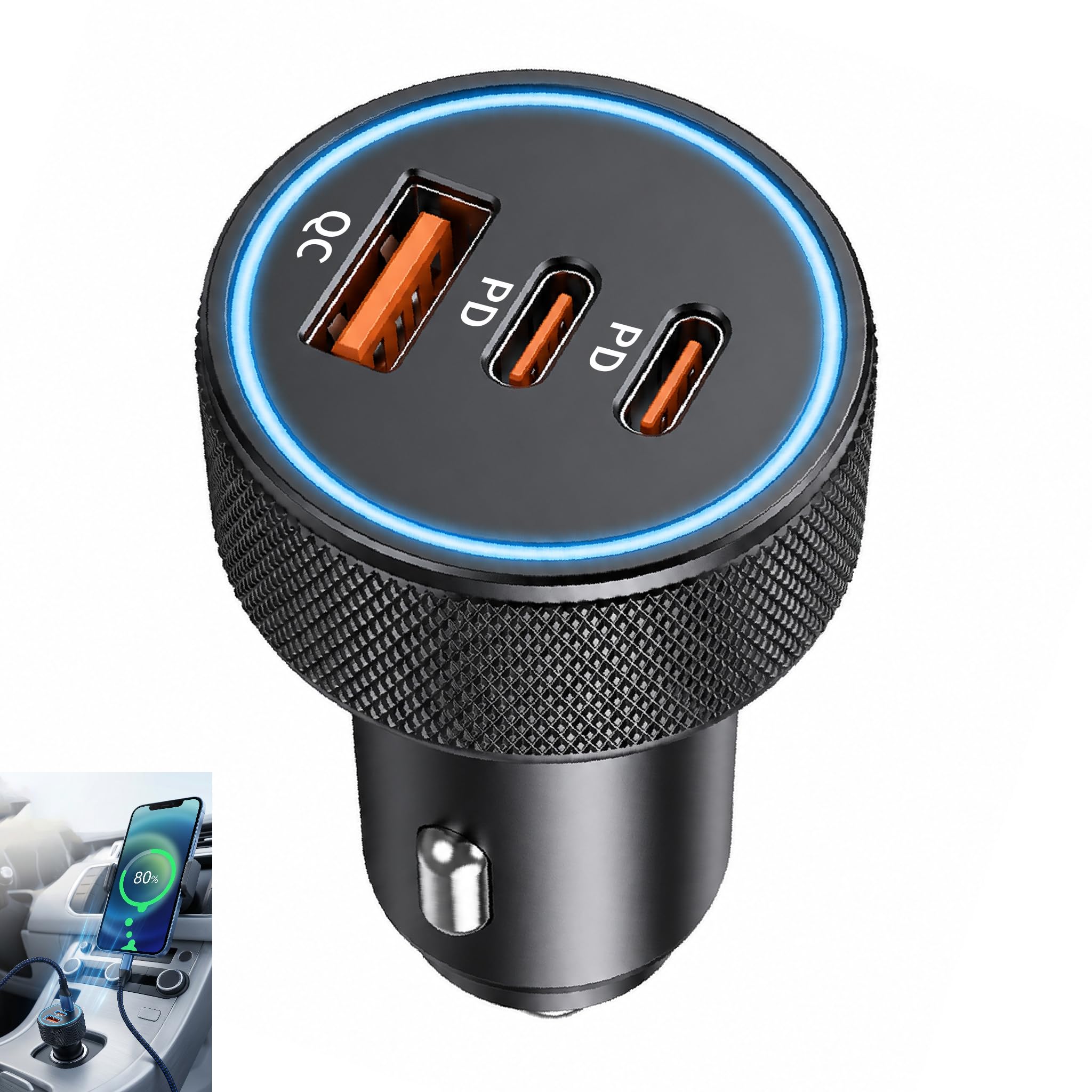 3 Port USB C KFZ Ladegerät, USB C PD Auto Adapter 67W mit PD 30W y QC3.0 USB A, 12V/24V Auto Ladeadapter für iPhone 17/17e/16/15/14/13, Samsung Galaxy S26/S25/S24, iPad, Pixel, Xiaomi, Wohnmobil