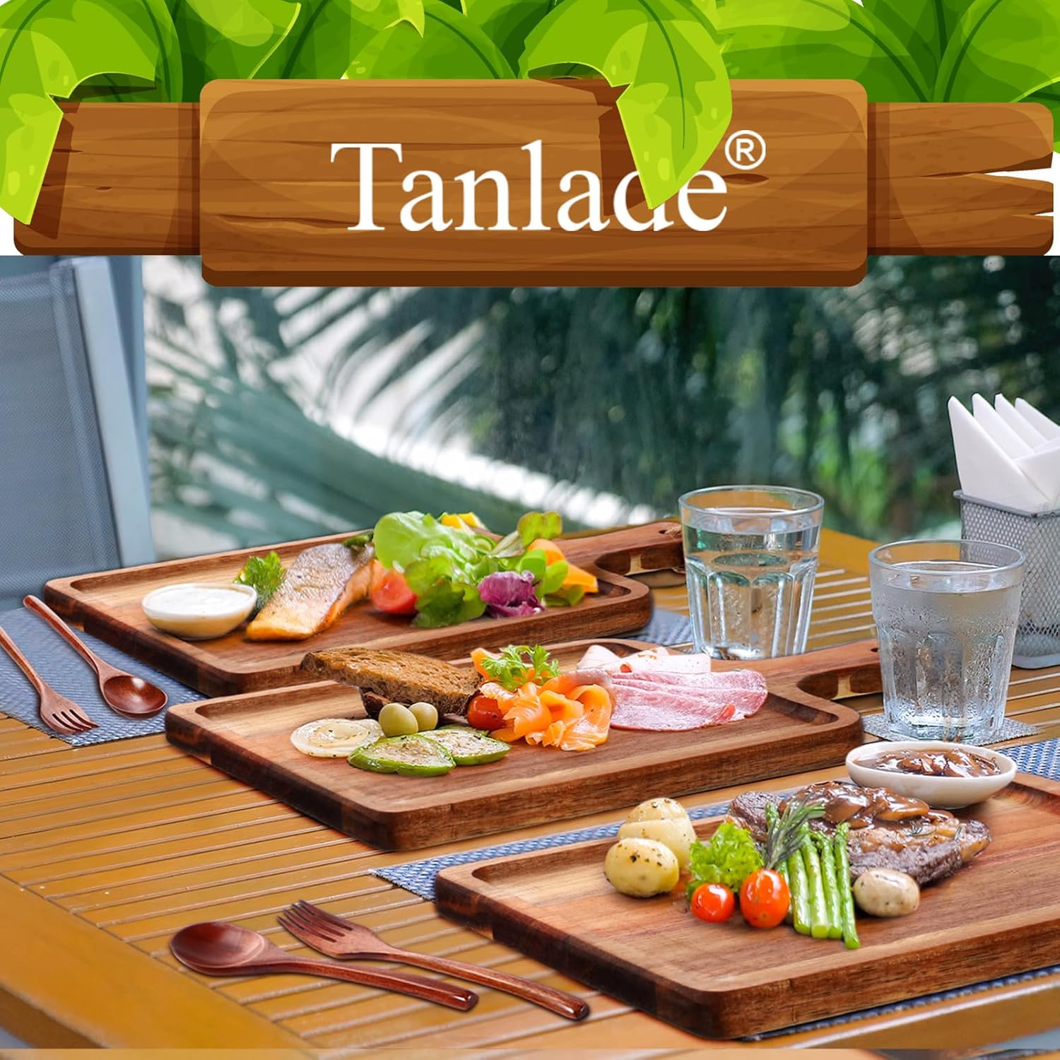 Tanlade 12 Sets Acacia Wood Cutting Board with Wooden Spoons and Forks Kitchen Chopping Boards with Handle Serving Charcuterie Tray for Housewarming Gift(13.78 x 7.87 x 0.59 inches)