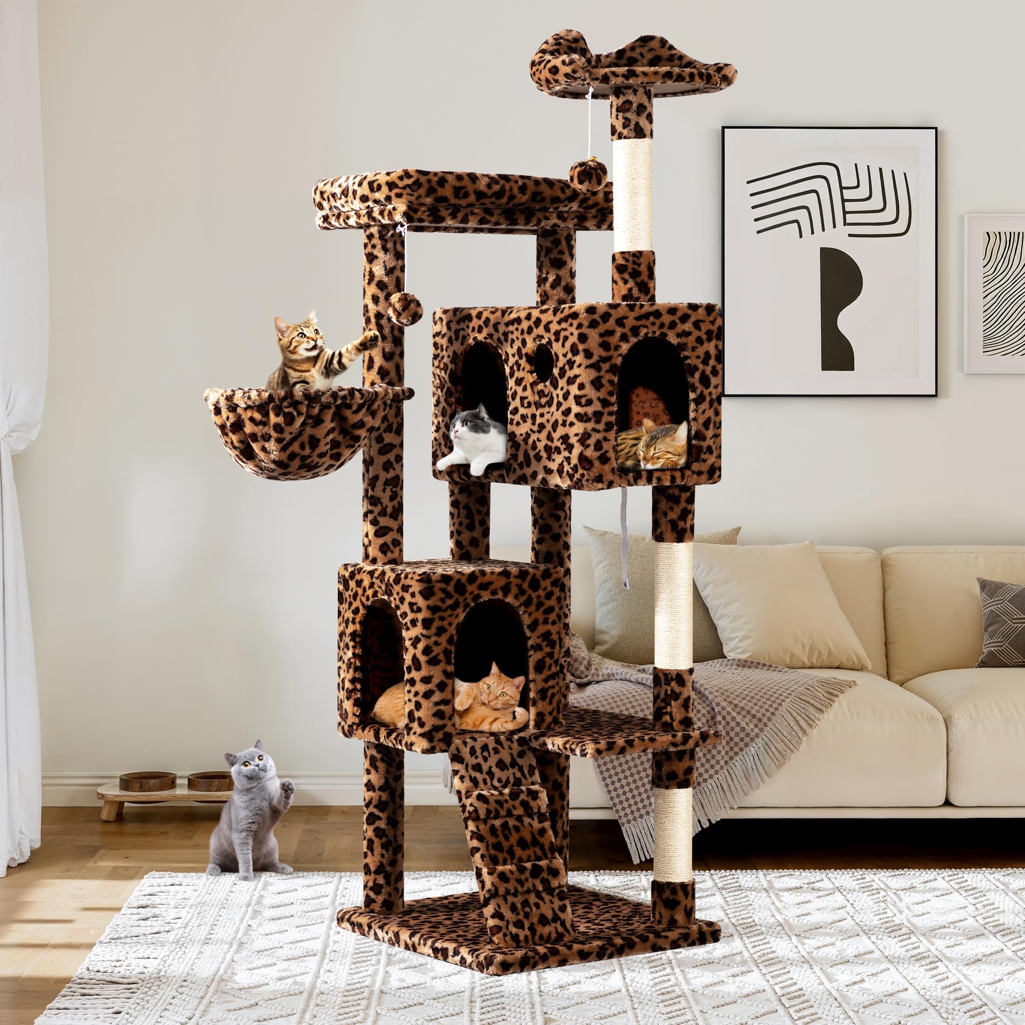 Allewie 64 Inches Cat Tree Tower/Multi-Level Activity Center for Indoor Big Felines/2 Plush Condos/2 Perchs/Basket/House/Sisal Scratching Posts/