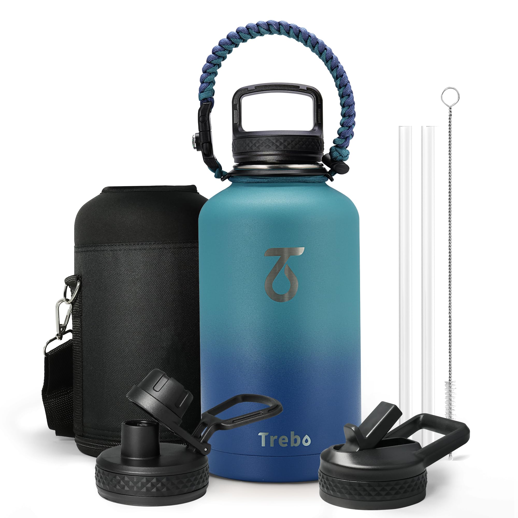 Trebo Insulated Water Bottle 64 oz, Half Gallon Metal Vacuum Water Jug with Handle and 3 Lids, Leakproof BPA-Free Water Flask for Gym Sports Hiking