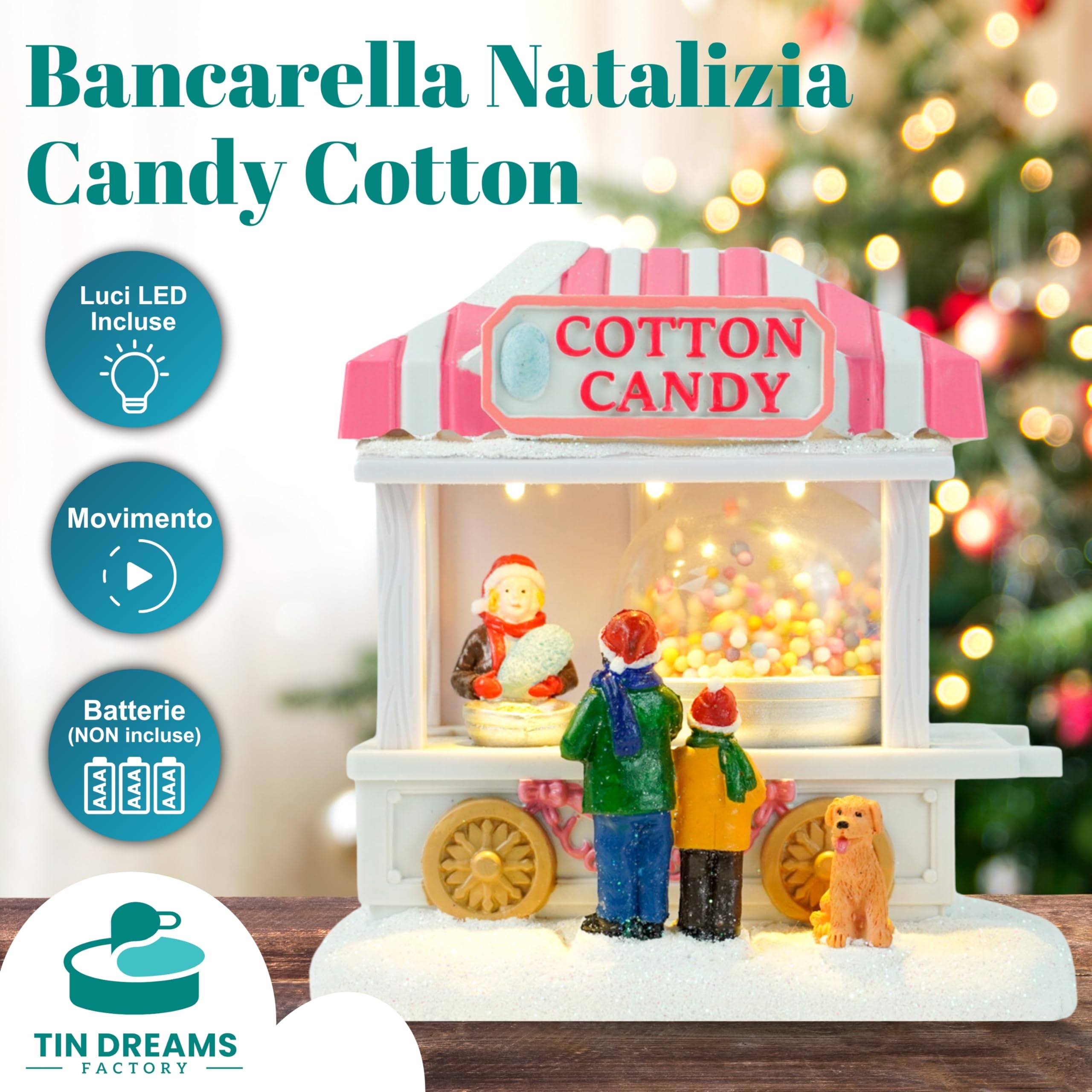 TIN DREAMS | Bancarella Zucchero Filato con Movimento e Luci LED | Scena Natale Animata | Casetta Illuminata per Villaggio in Miniatura, Cittè | Addobbi Decorazione Natalizia Casa