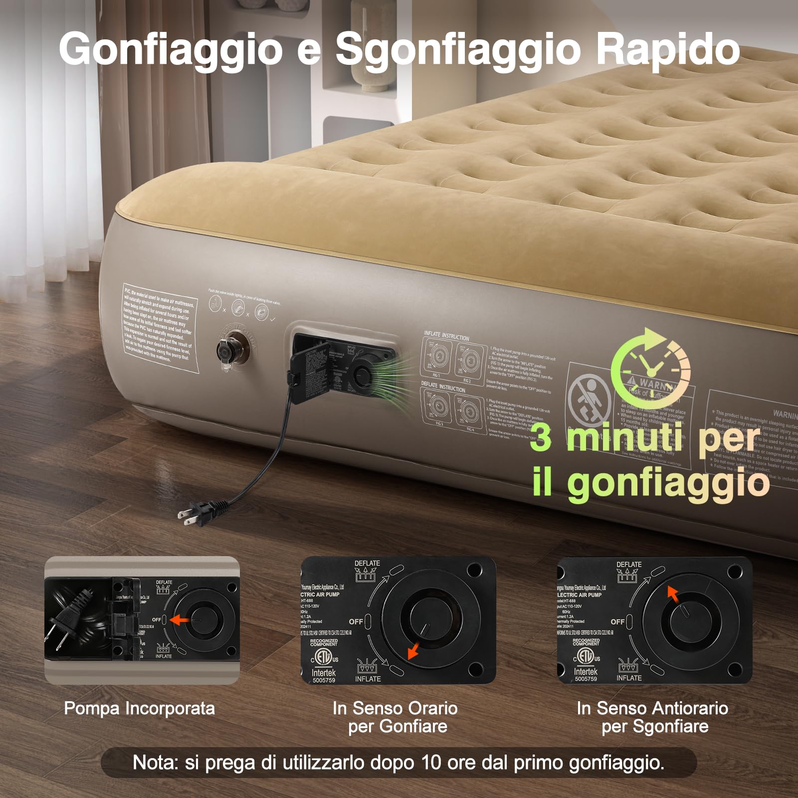 Lewondr Materasso Gonfiabile Matrimoniale con Pompa Integrata, 203x152x33CM Materasso Gonfiabile Durevole con Cuscino, Materasso ad Aria Veloce da 3 Minuti per Campeggio Casa Viaggio(250kg MAX), Cachi