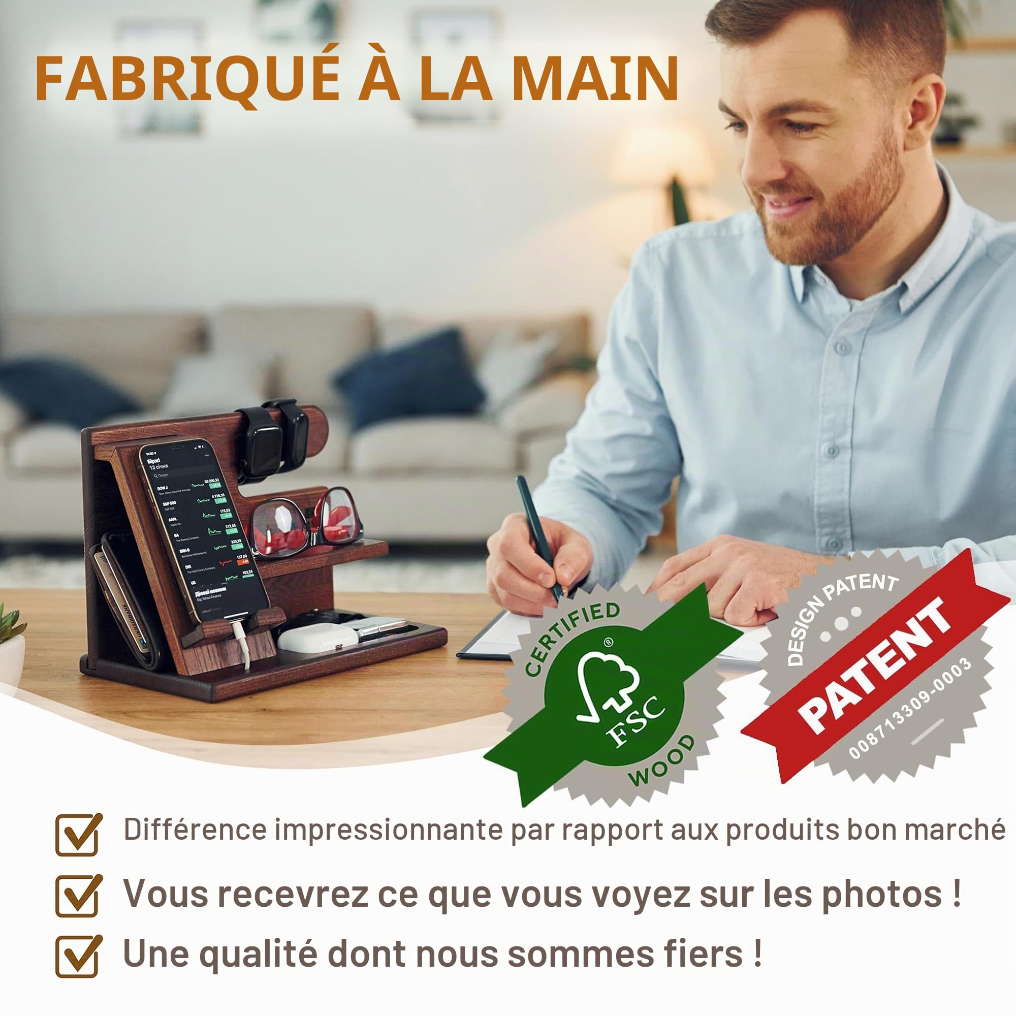TESLYAR Station d'accueil en bois pour téléphone, montre, porte-clés, porte-monnaie, Gadget homme