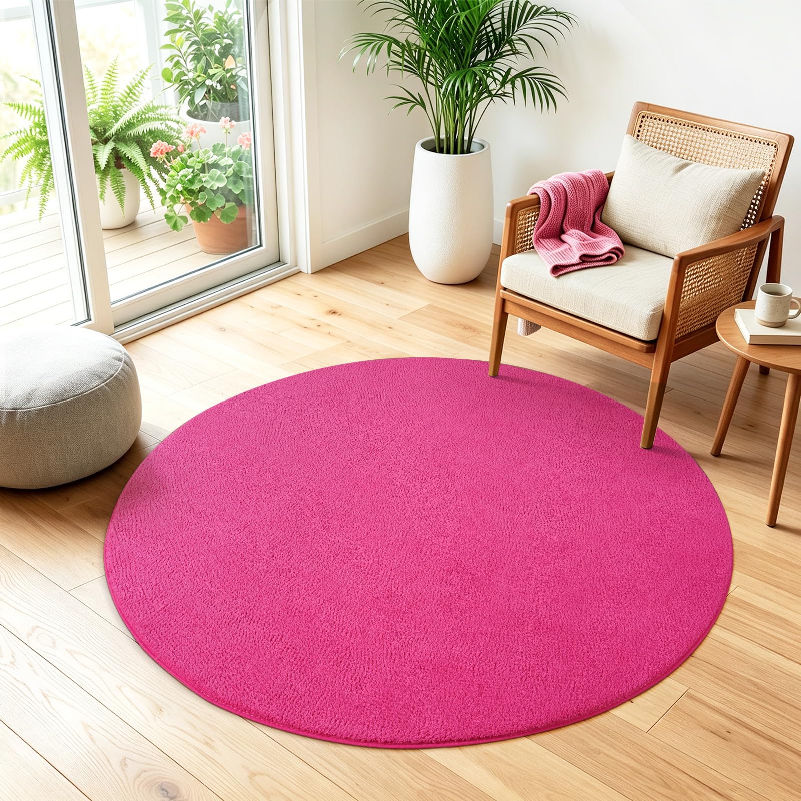 Rezutan Soft Washable Rugs for Bedroom Round 120cm Pink Fluffy Carpet — image 1