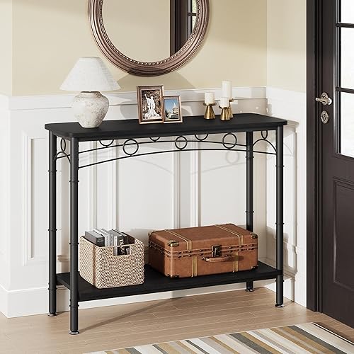 IDEALHOUSE Nueva mesa consola 2024 mesa de sofá retro con almacenamiento, mesa de entrada de 2 niveles con MDF y metal, diseño elegante para sala de