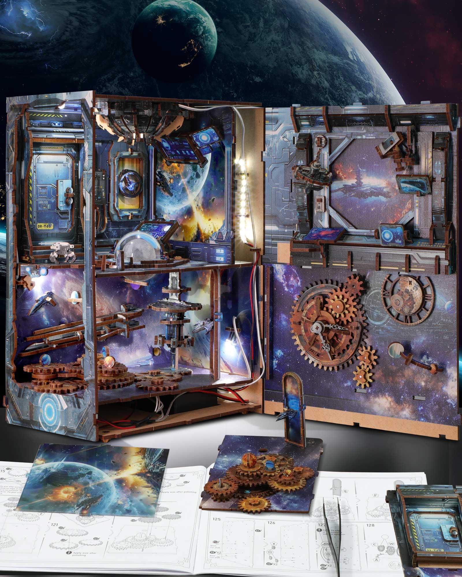 RONSTONE Book Nook Kit - DIY Casa Delle Bambole Booknook con Coperchio Antipolvere - Inserto per Libreria con Luce a Led - Doomsday Starship Craft 3D Puzzle Regalo per Adulti